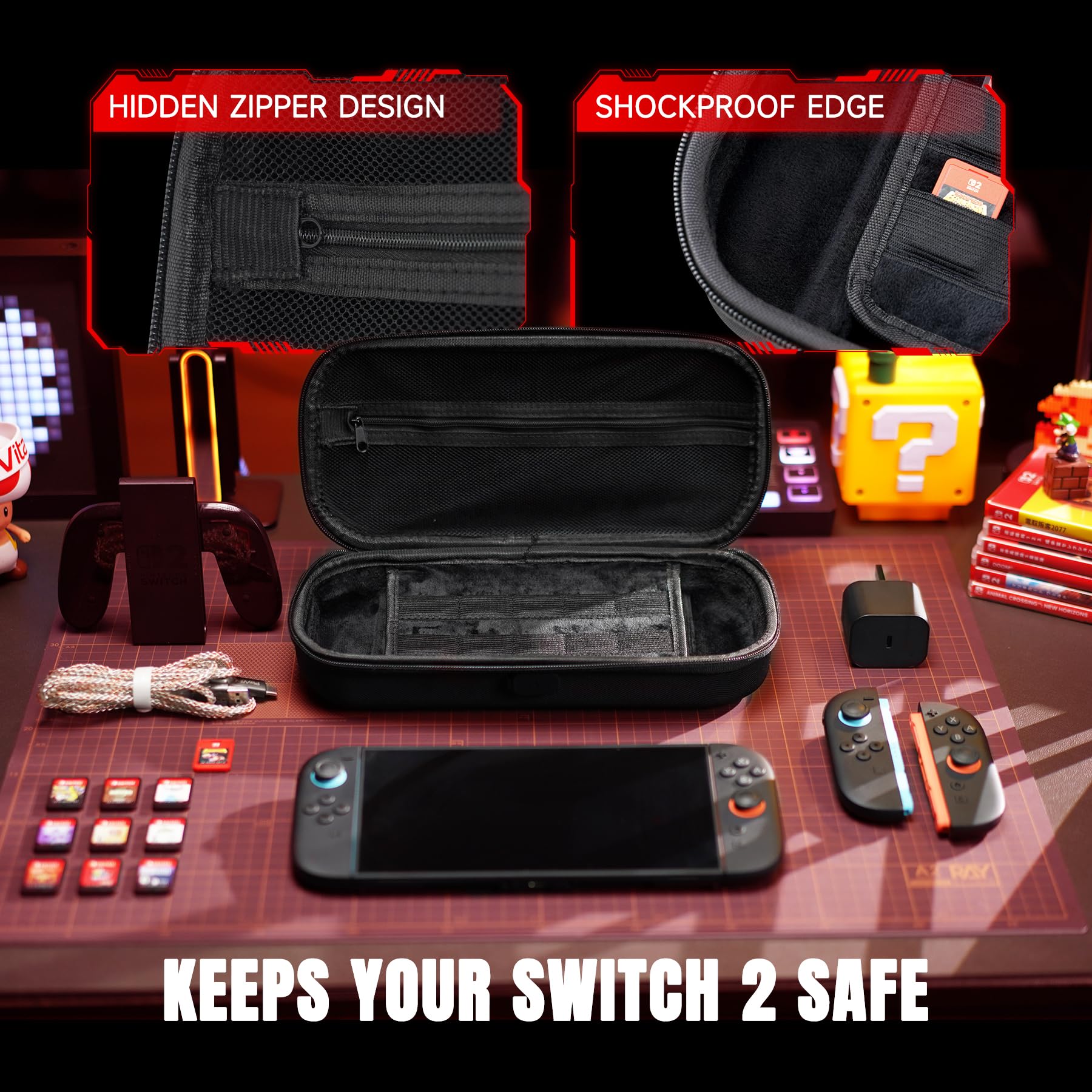 playvital Custodia per Nintendo Switch 2 con Porta di Ricarica, Borsa da Viaggio Case Portatile con 10 Slot per Schede di Gioco, Accessori Protettivi Antiurto per Switch 2 - Nero