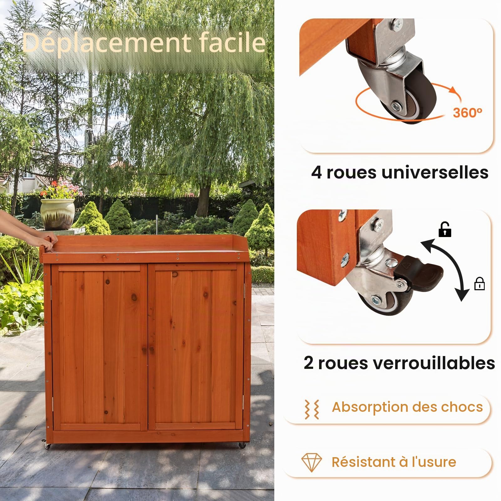 HOMASIS Armoire de jardin d'extérieur en bois résistant aux intempéries avec plan de travail, armoire à outils avec roulettes et étagère amovible, table pour terrasse, jardin, balcon, 98,5 x 48 x 100
