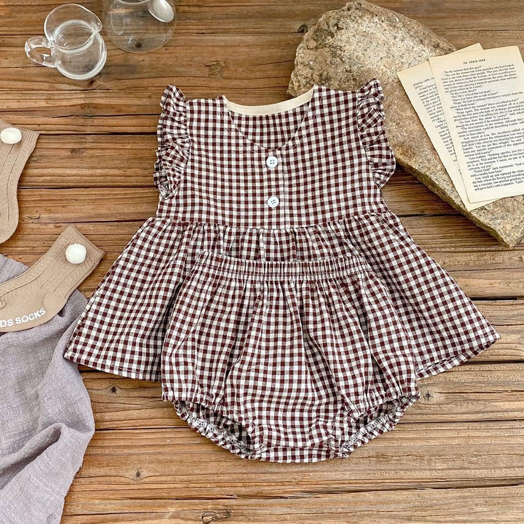 Ashmyova Baby Girls Summer Shorts Sets Infant Plaid Ruffle Sleeveless Tops Bloomer 2PCS Outfits