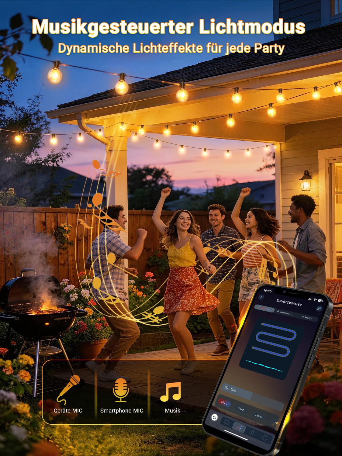 Lichterkette Outdoor 30m, G40 LED Lichterkette Außen Strom | Fernbedienung & App-Steuerung, Musik Sync, 4 Modi, Dimmbar und Timer, IP44 wetterfest, Lichterketten für Garten Balkon Party