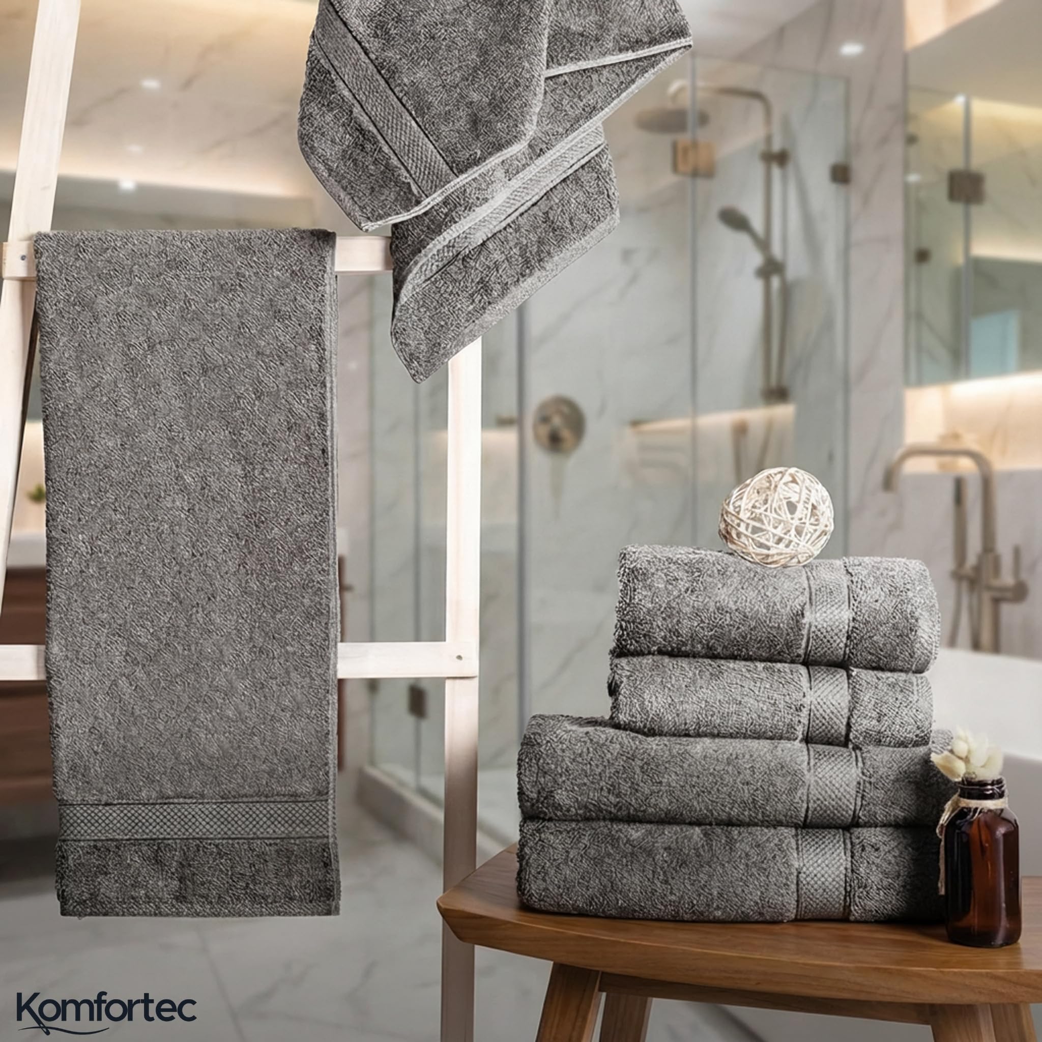 Komfortec Juego de Toallas 8 Piezas | 4 Toallas de Baño 70x140 cm y 4 Toallas 50x100 cm, 100% Algodón, Suaves y Absorbentes, OEKO-TEX, Antracita