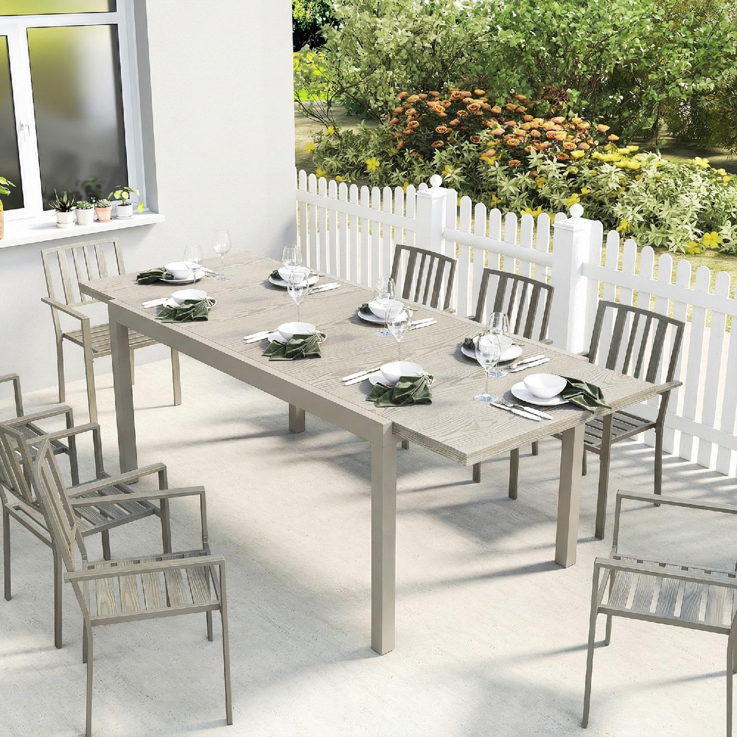 Tavolo da Esterno Giardino, Allungabile, Rettangolare, In Alluminio/Acciaio, 154-214x85x75 cm, Grigio Chiaro