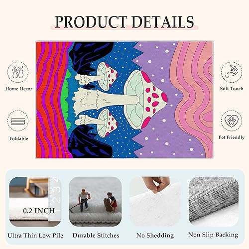 Miniatura 5 de Hippie Mushroom Living Room Rugs - 4x6 Rug, Retro y2k Colorful Funny Mushroom Rug for Teens Kids Girls, 70s Stripes Polka Dot Rug, Washable Soft