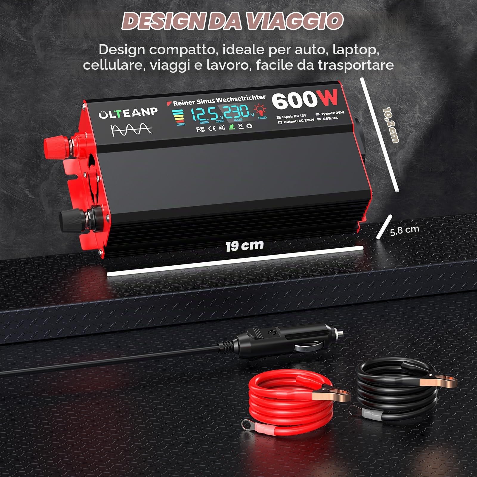 OLTEANP Inverter Da 12Va 230V a Onda Sinusoidale Pura, Convertitore Di Tensione 600W Con Display LCD, Prese AC, Connessione 36W Type-C, Connessione Usb 5V/3A Per Camion, Case, Veicoli
