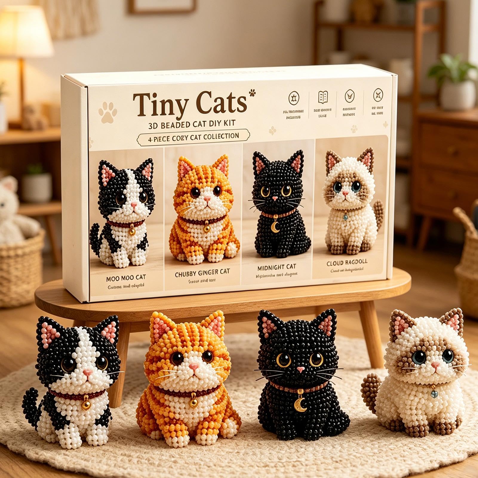 Kit Animali 3d Con Perline, 4pcs Cute Cat Tiny 3D Beaded Animal DIY Kit, Fai Da Te Per Creare Piccoli Animali 3d Con Perline Per Adulti, Adolescenti, Principianti, Appassionati