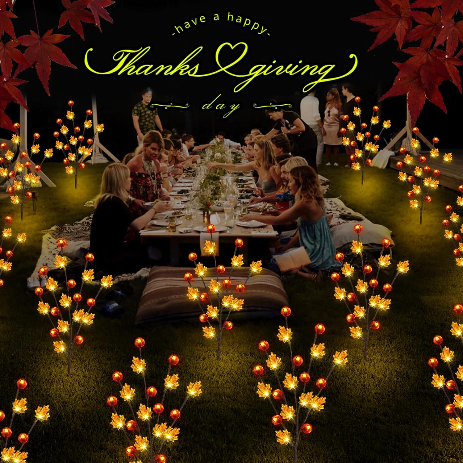 Fall Decor Solar Garden Lights Outdoor for Thanksgiving Decorations,4PACK 80LED Pumpkin Maple Leaf Tree with Friendsgiving Gifts,Solar Fall Decor Lights for Home/Garland/Thanksgiving Day - Image 5