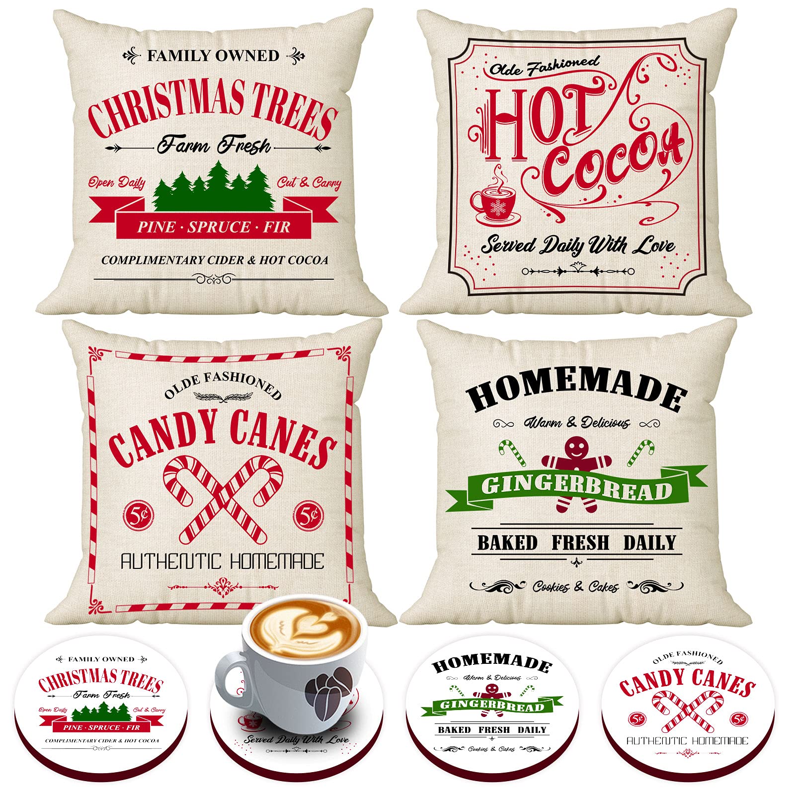 White Christmas Pillow Covers with 4 Bonus Coasters, Winter Holiday Cute Candy Cocoa Holiday Pillow Covers 18x18 Set of 4 Gingerbread Linen Cushion Cover Christmas House Decorations