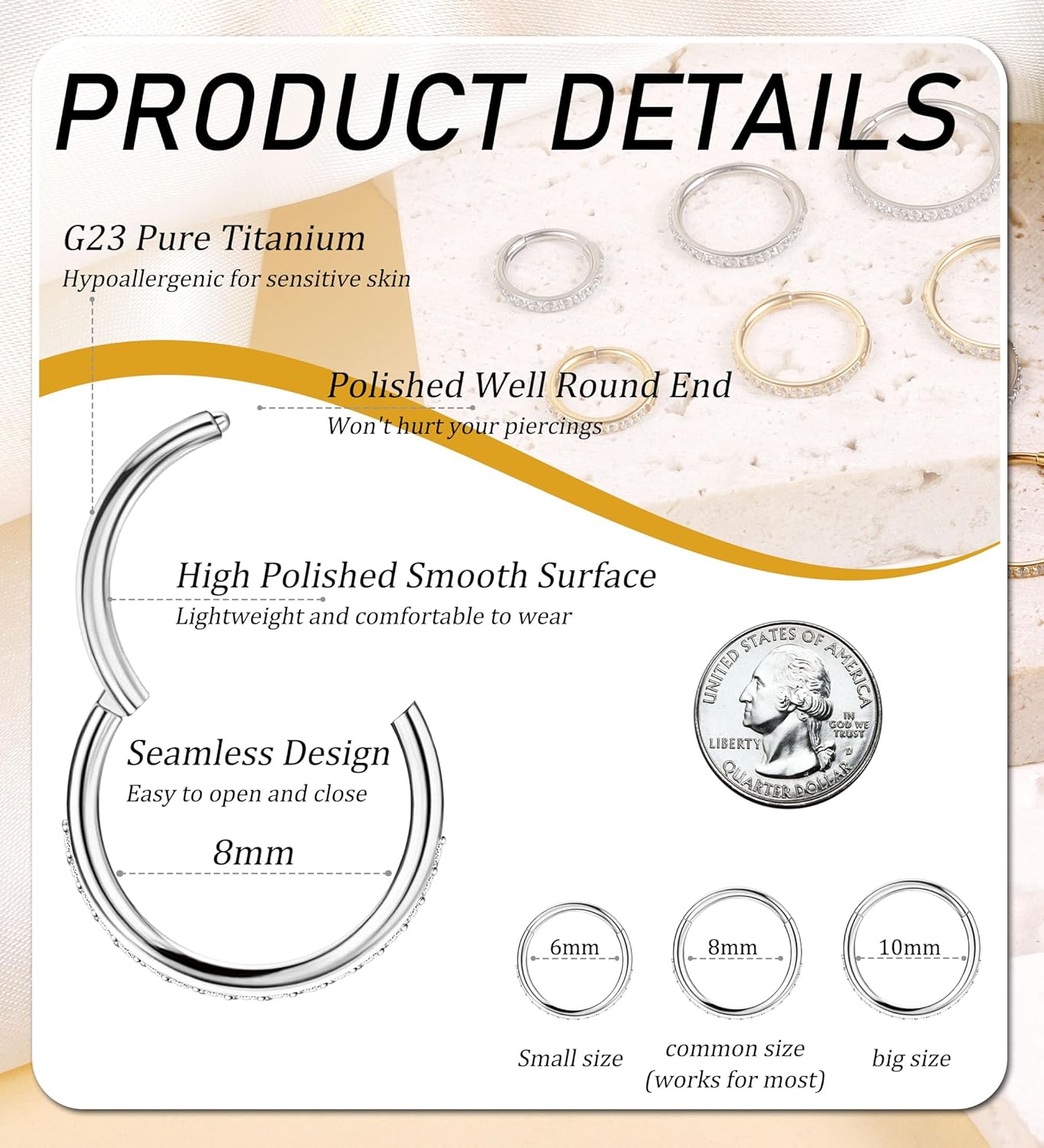 Titanium Nose Rings Hoops 20G Cartilage Hoop Earrings for Women Men CZ Hinged Segment Septum Lip Helix Septum Ring Nose Piercing Jewelry 6/8/10mm - Image 2