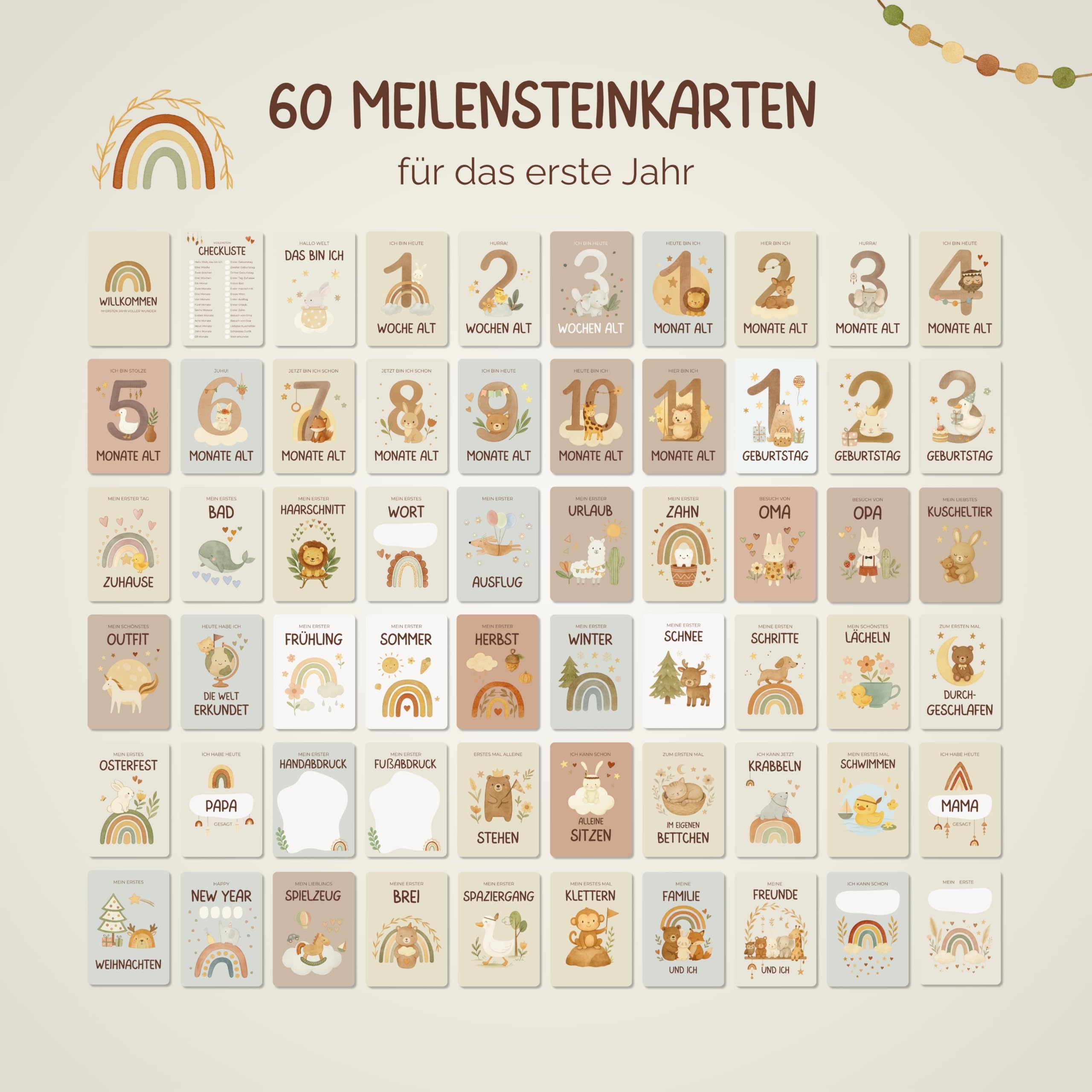Meilensteinkarten Baby [Boho] 60 Monatskarten mit beschreibbaren Rückseiten – inkl. Geschenkbox und Holzaufsteller – Geschenk zur Schwangerschaft, Babyshower und Geburt