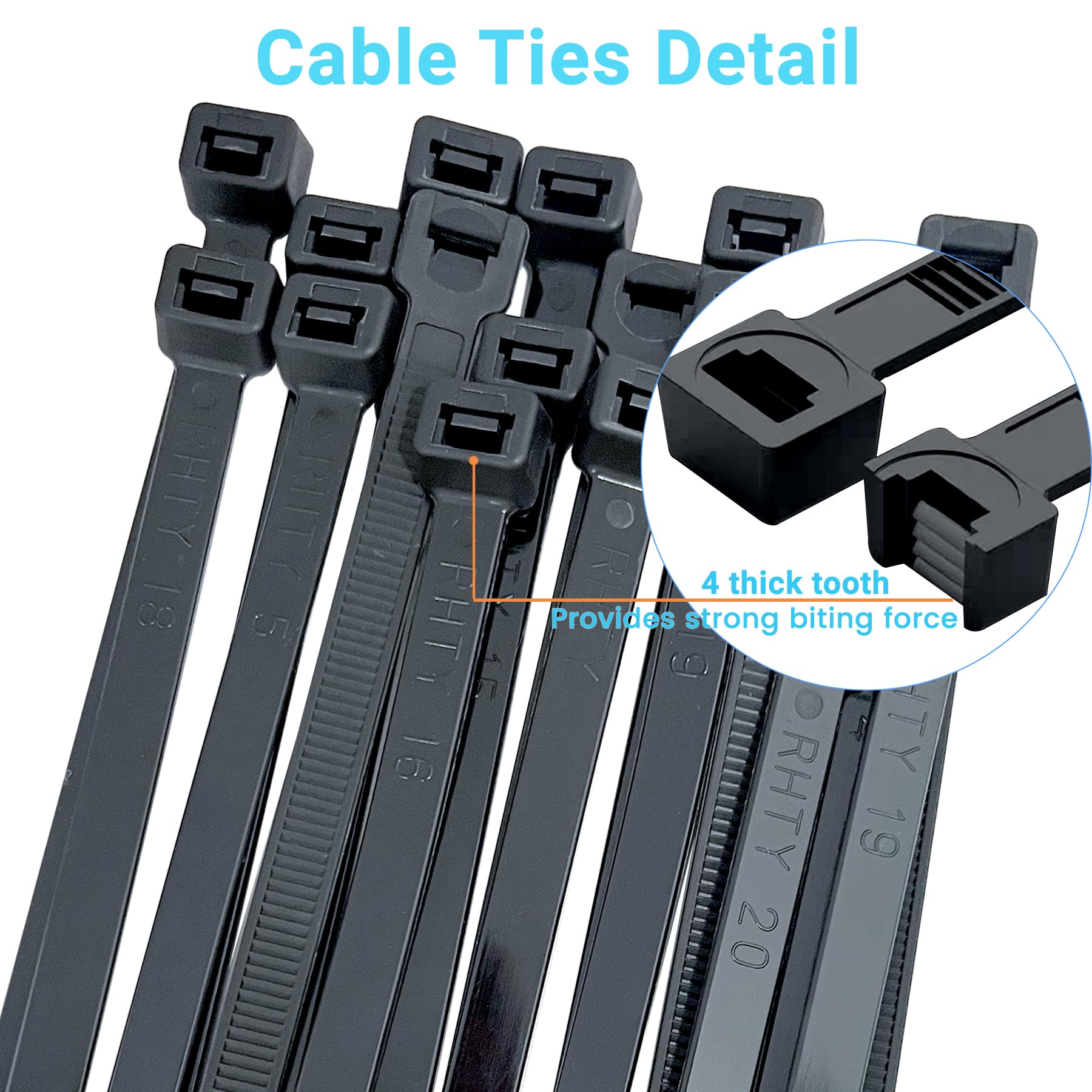 Bridas resistentes de 16 pulgadas, paquete de 200 unidades, 175 libras, bridas industriales grandes y fuertes de nailon autobloqueante, color negro