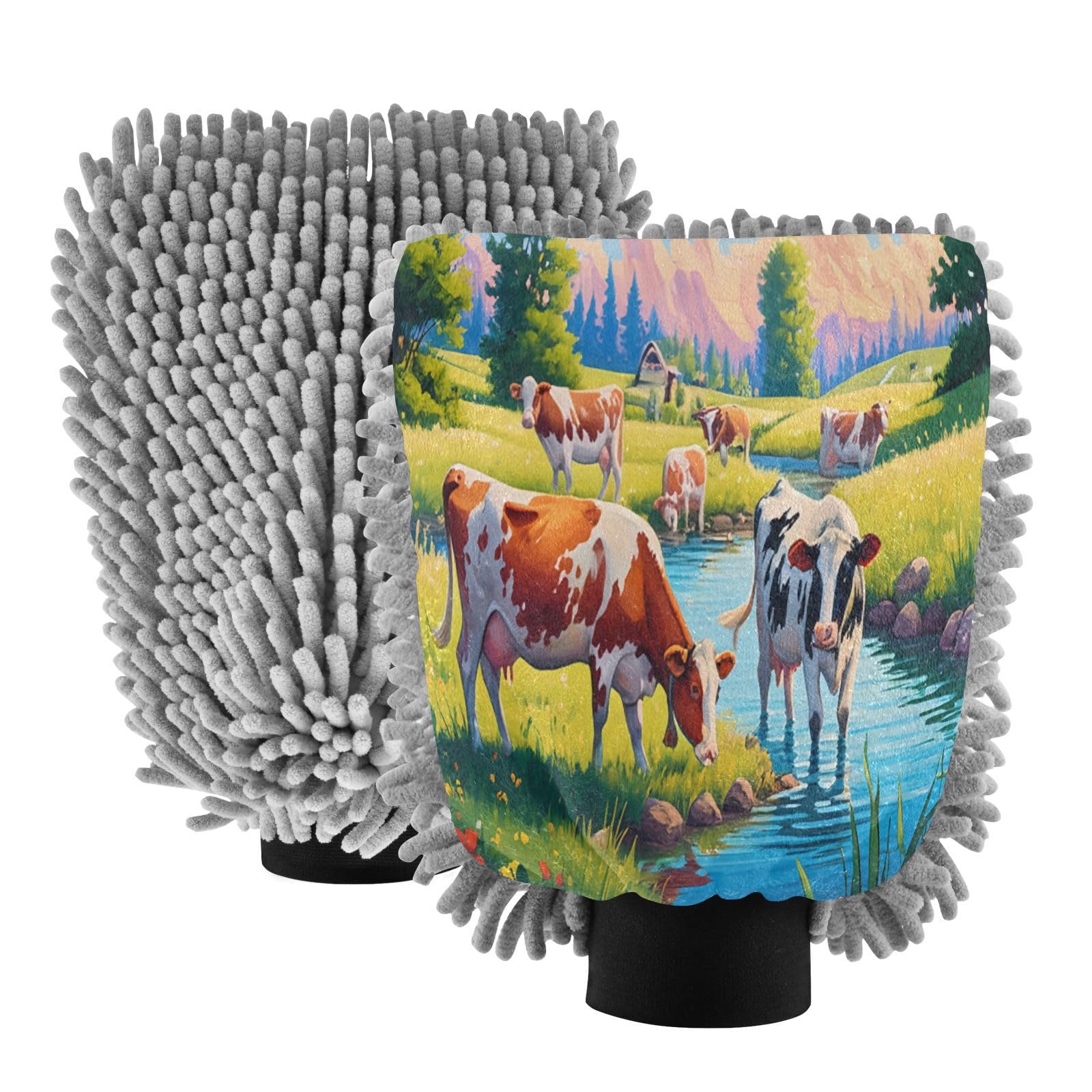 STAYTOP Ranch Cows Car Wash Mitt Microfiber, 2Pcs Scratch Free Lint-Free, Premium Chenille Microfiber Mitt Car Wash Brush-M