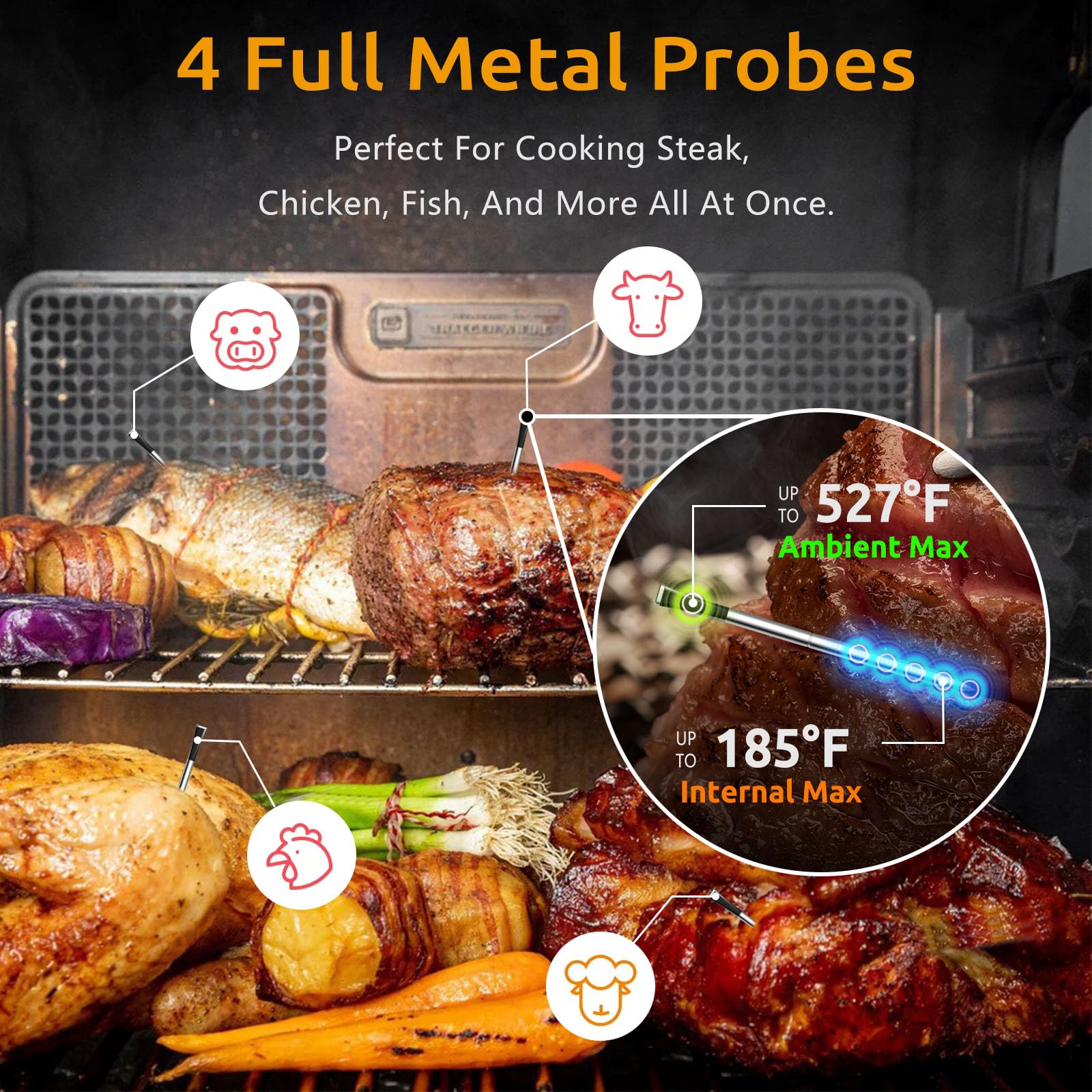 Yonktoo Meat Thermometer Digital Wireless, Long-Range BBQ Thermometer with 4 Probes, Dual Sensors for Perfect Grilling & Smoking - Black