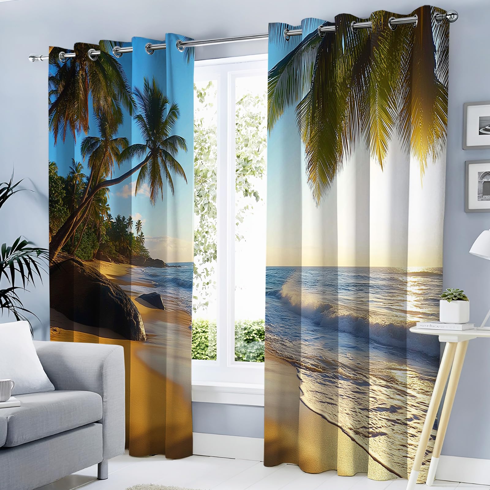 Rideau occultant vue sur la plage bleu lot de 2 draperies de 140x240 cm pour salon et chambre