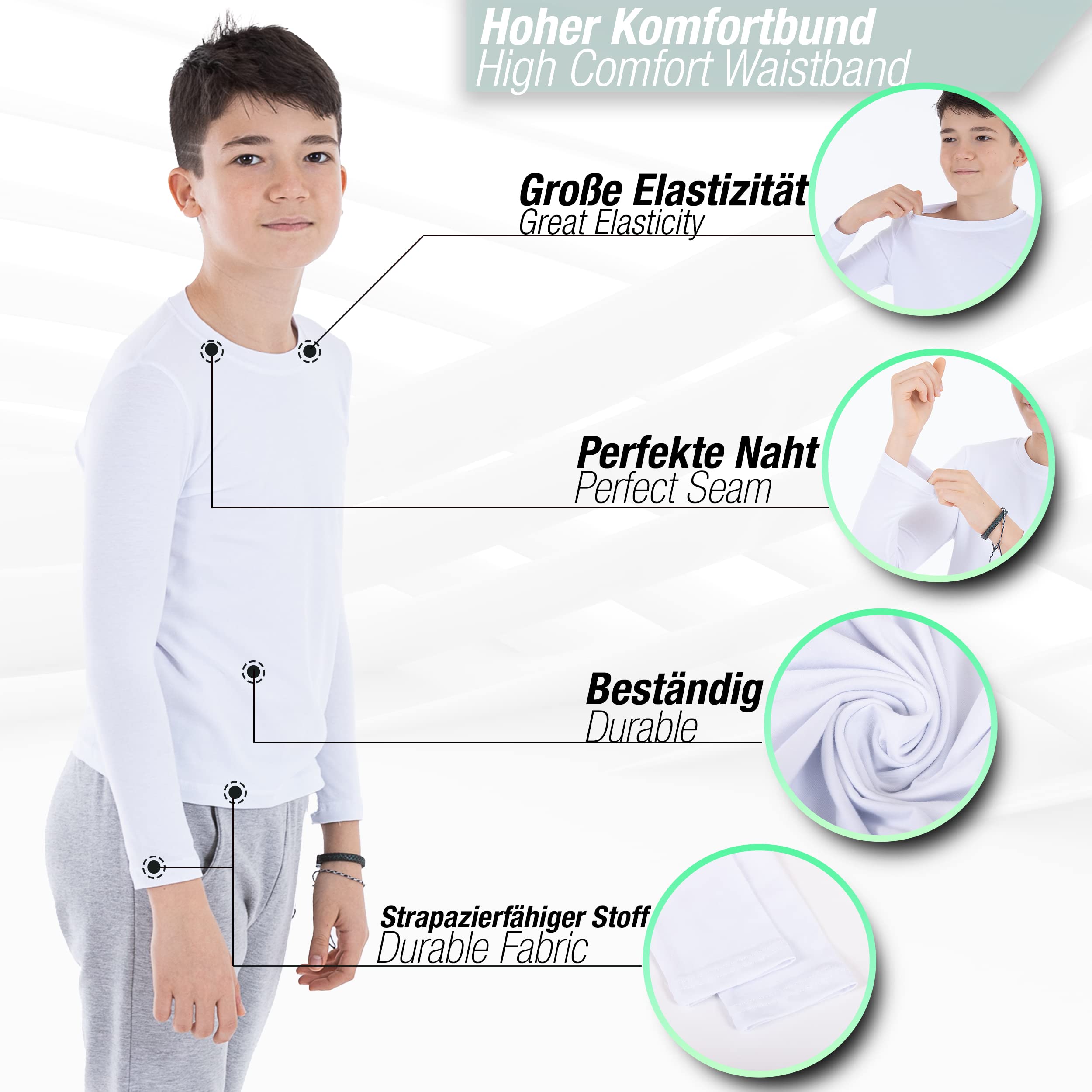LOREZA ® 3 sous-vêtements Manches Blanc Longues Enfants Garçons Filles sous-Vetements Maillots de Corps Chemise