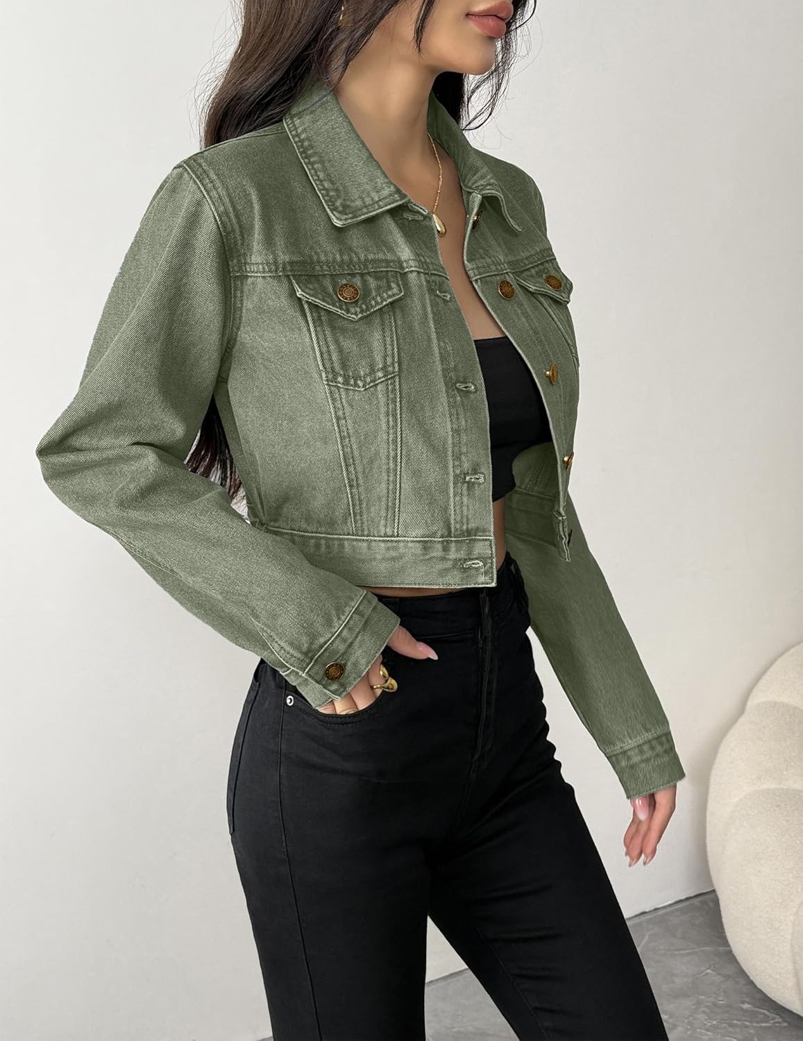 Grabsa Women's Button Down Long Sleeve Cropped Denim Jean Jacket with Pockets - Image 3