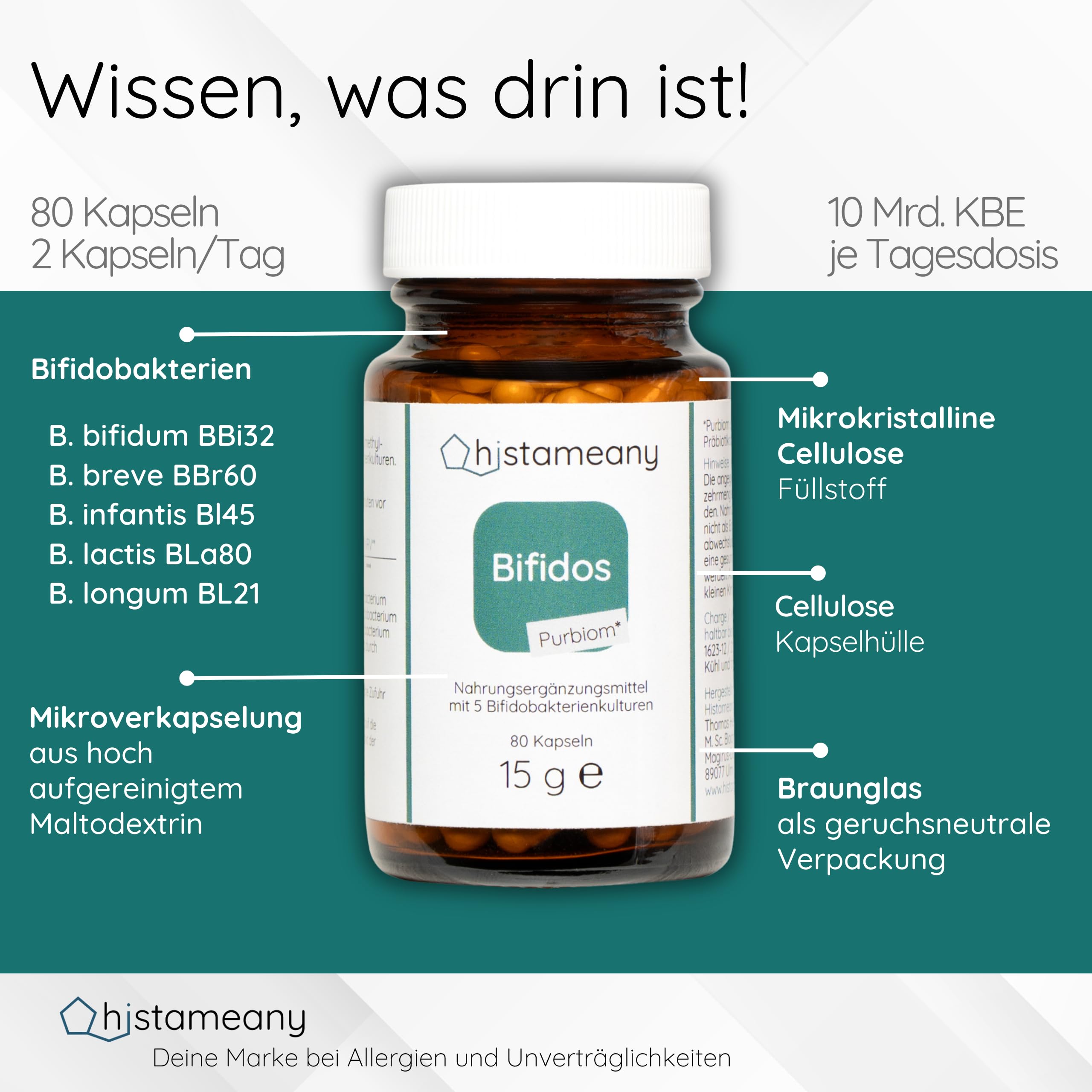 Purbiom Bifidos, histaminneutrale Bakterien, 10 Mrd. KBE, 80 Kapseln (15 g)