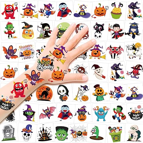 HOWAF Tatuajes temporales de Halloween para niños, 96 piezas de tatuajes falsos de Halloween, patrones de calabaza, murciélago, araña, para fiesta