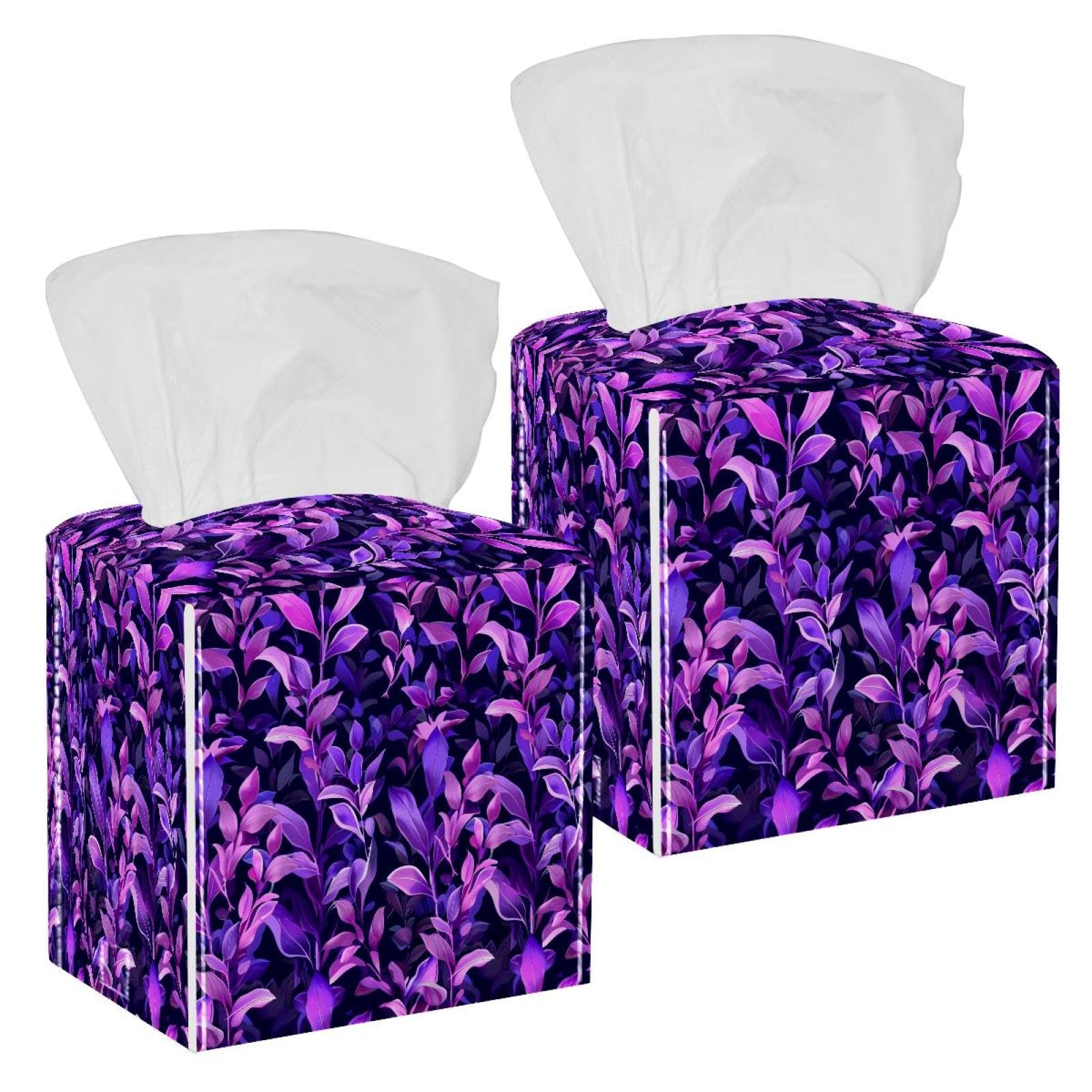 Artistic Leaves Tissue Box Cover, 2 Pack PU Leather Square Facial Tissue Dispenser Box holder for Home Office Car