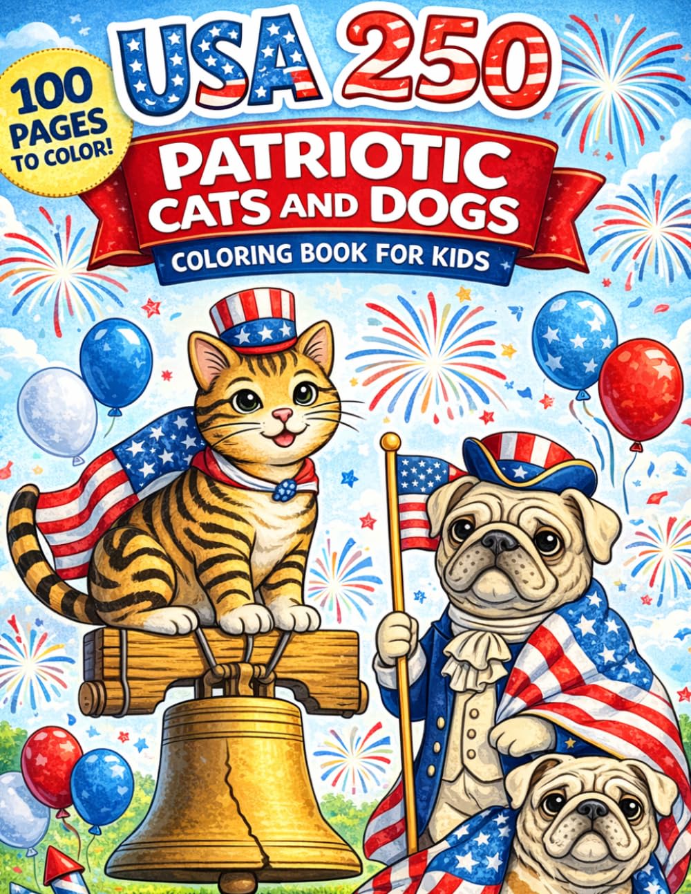USA 250 Patriotic Cats and Dogs Coloring Book for Kids: 100 Adorable Patriotic Animal Coloring Pages Celebrating America’s 250th Birthday with Cats, Dogs, Flags, and Fireworks
