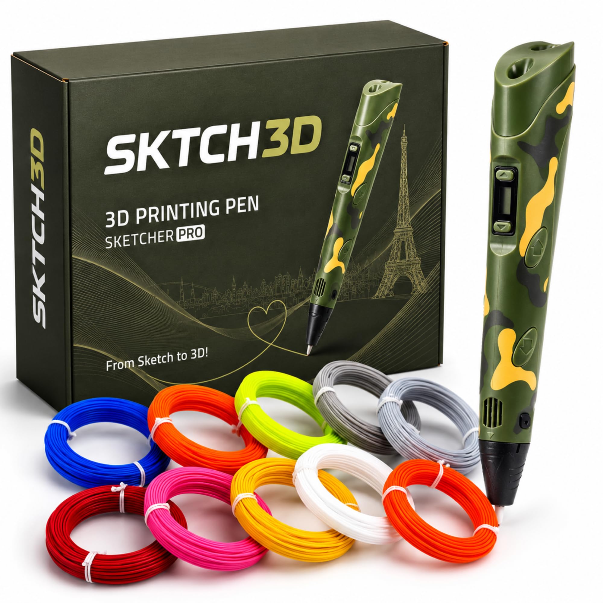 Bolígrafo 3D con filamento PLA de 50 m, juego de iniciación profesional con 10 colores, adaptador USB, libro de plantillas e instrucciones (idioma español no garantizado), lápiz de impresión