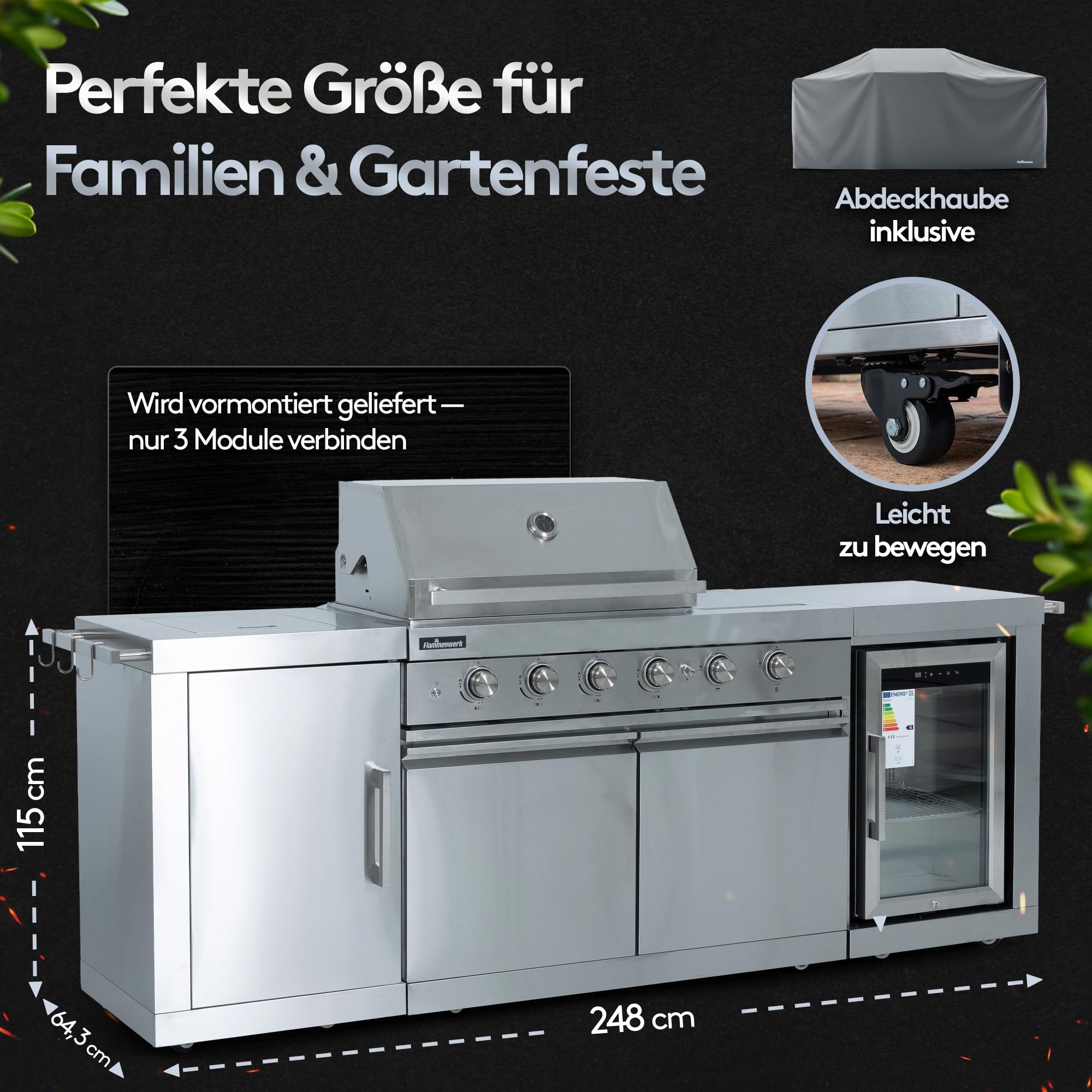 Outdoor Küche Edelstahl 6-Brenner 24,1 kW - Spüle Kühlschrank | inkl. Abdeckhaube, 4x langlebige Edelstahlguss Brenner, Infrarot Seitenbrenner Hot Zone & Backburner, Maße 248x63,5x121 cm