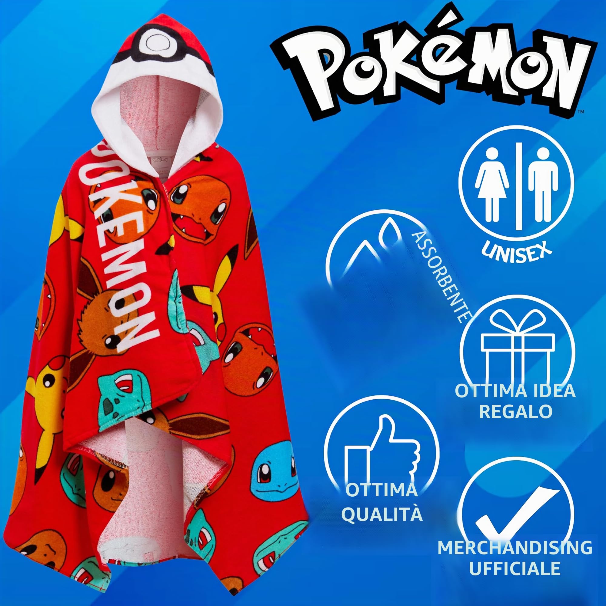 Pokémon Asciugamano con Cappuccio 100% Cotone - Poncho per Bambini da Spiaggia e Bagno Pokeball Pikachu - Avvolgente Copertura per il Cambio, Rosso