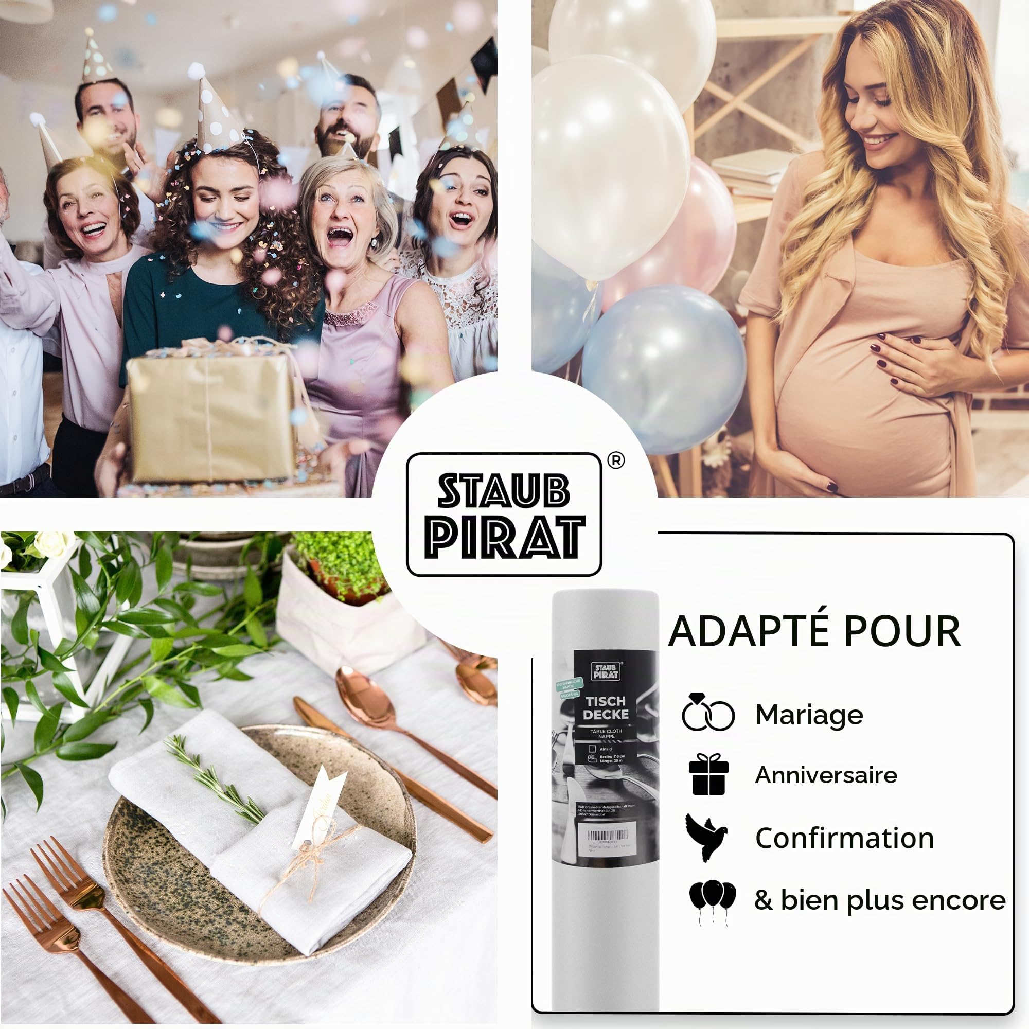 Airlaid Rouleau de nappe Blanc 118 cm x 25 m | Qualité gastronomique, 65 g/m², découpable, décoration facile pour fête, événement, Noël, anniversaire, Nouvel An