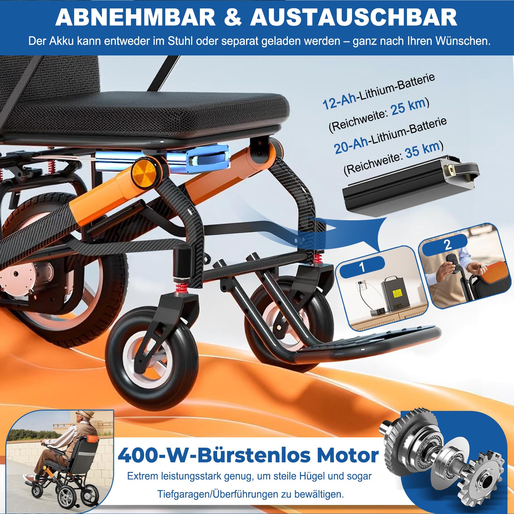 Elektrorollstuhl Faltbar Leicht 14.5 kg mit Fernbedienung, Elektrischer Rollstuhl für Senioren & Reise, 400W Motor, 35km Reichweite, 150kg Belastbar (Amperestunden, 20)
