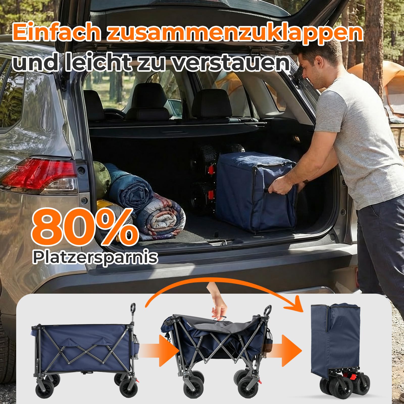 Chariot Pliable 300L (200+100L) avec Hayon Rabattable 140cm, Roues Tout-Terrain Extra Larges 17x10cm, Chariot de Plage Compact pour Camping Jardin Courses (Bleu Gris)