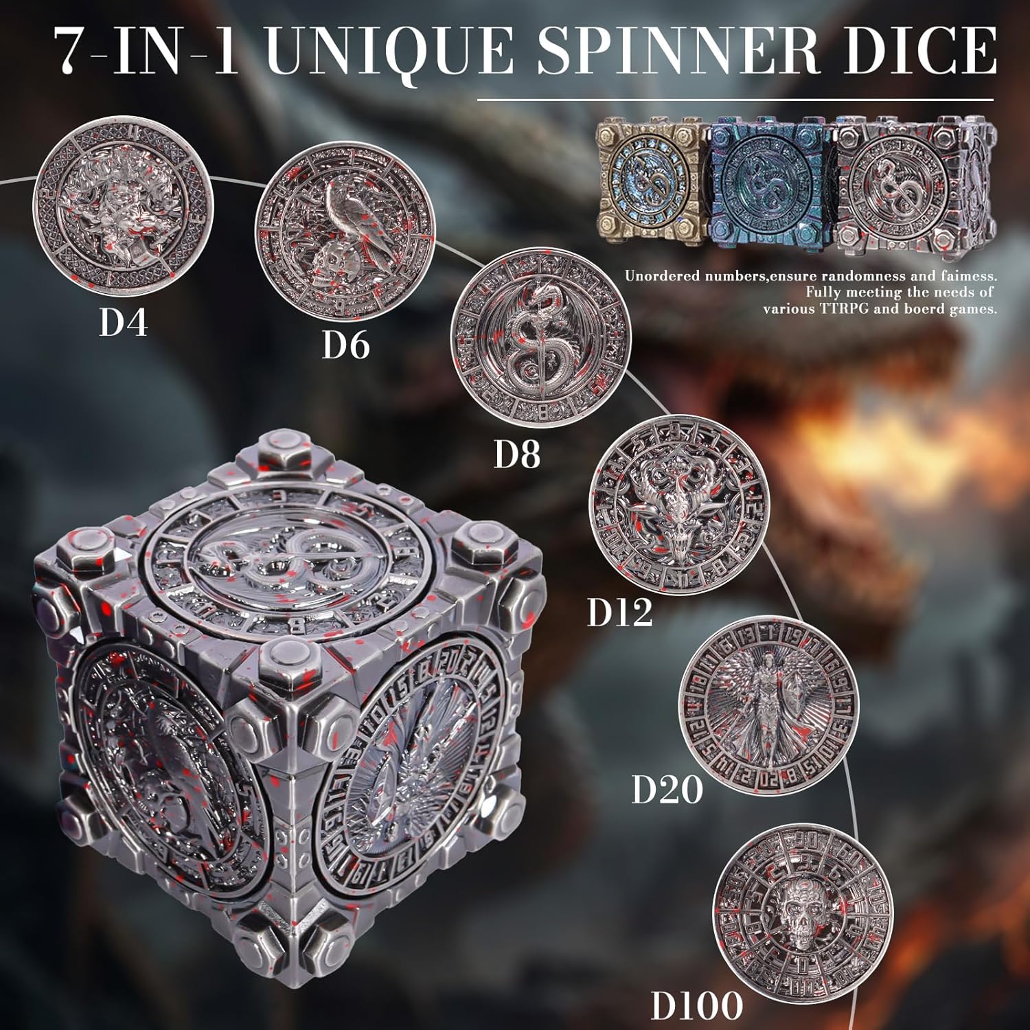 DND 7-in-1 Spinner Dice - Metal Cube Dice Set with Gift Box for Dungeons and Dragons D&D Tabaltop Ideal Collector's Gift for Dungeon Masters,3D Relief Dragon Design. (Bloodstain)