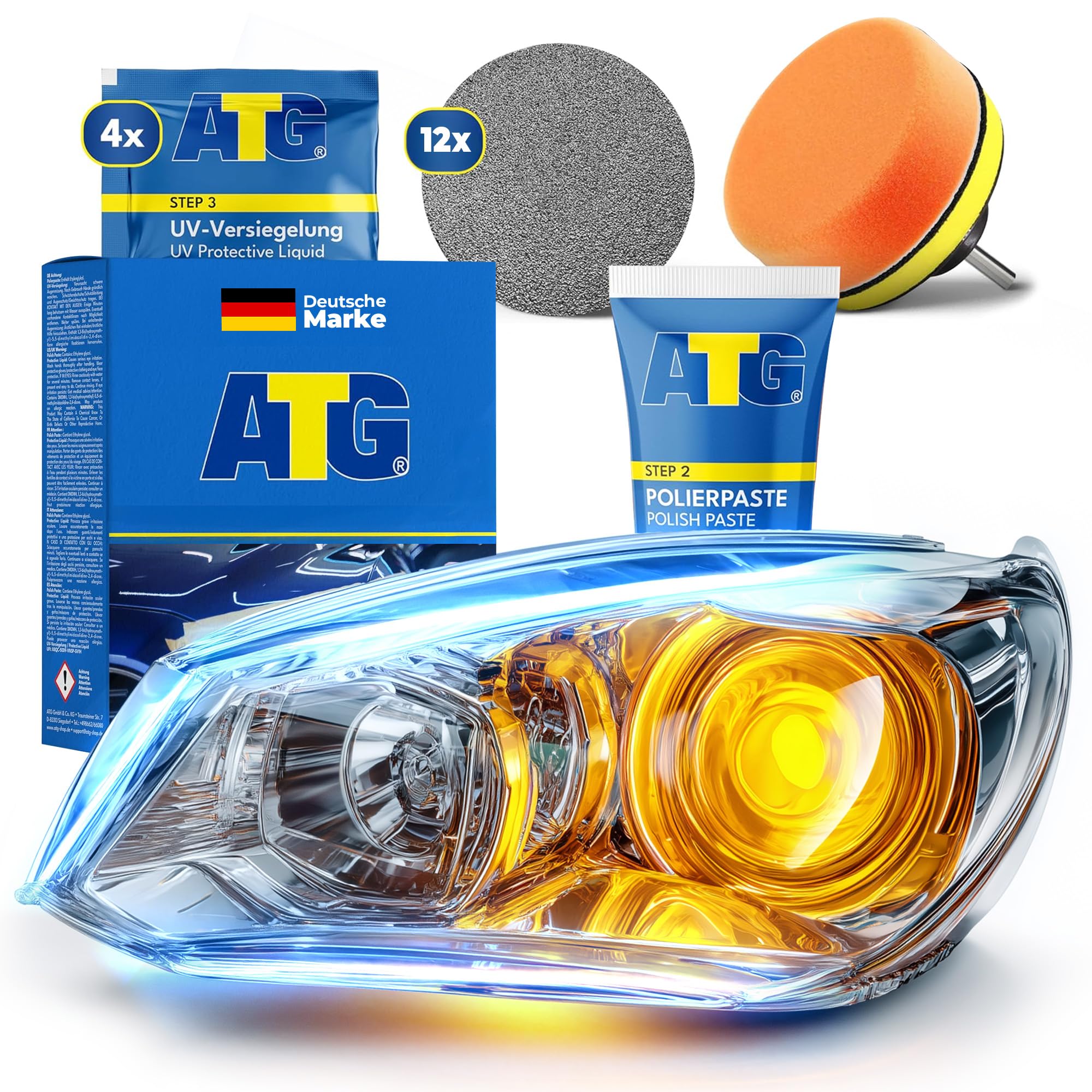 ATG® Scheinwerfer Aufbereitung Set – Scheinwerfer Polierset für matte & vergilbte Kunststoffscheinwerfer, inkl. Schleifpapier, Polierpaste & UV-Versiegelun