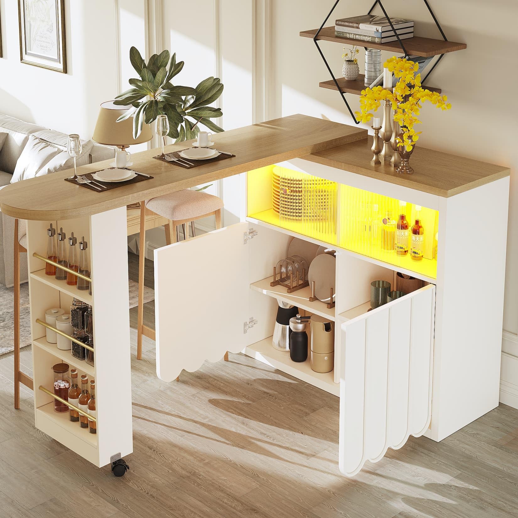 Table de Bar Extensible avec Espace de Rangement,Table Bar Cuisine Pivotant à 360° Moderne avec LED,Meuble de Rangement pour Cuisine,Salon,Salle à Manger,135-205×39×100cm (Blanc-B)