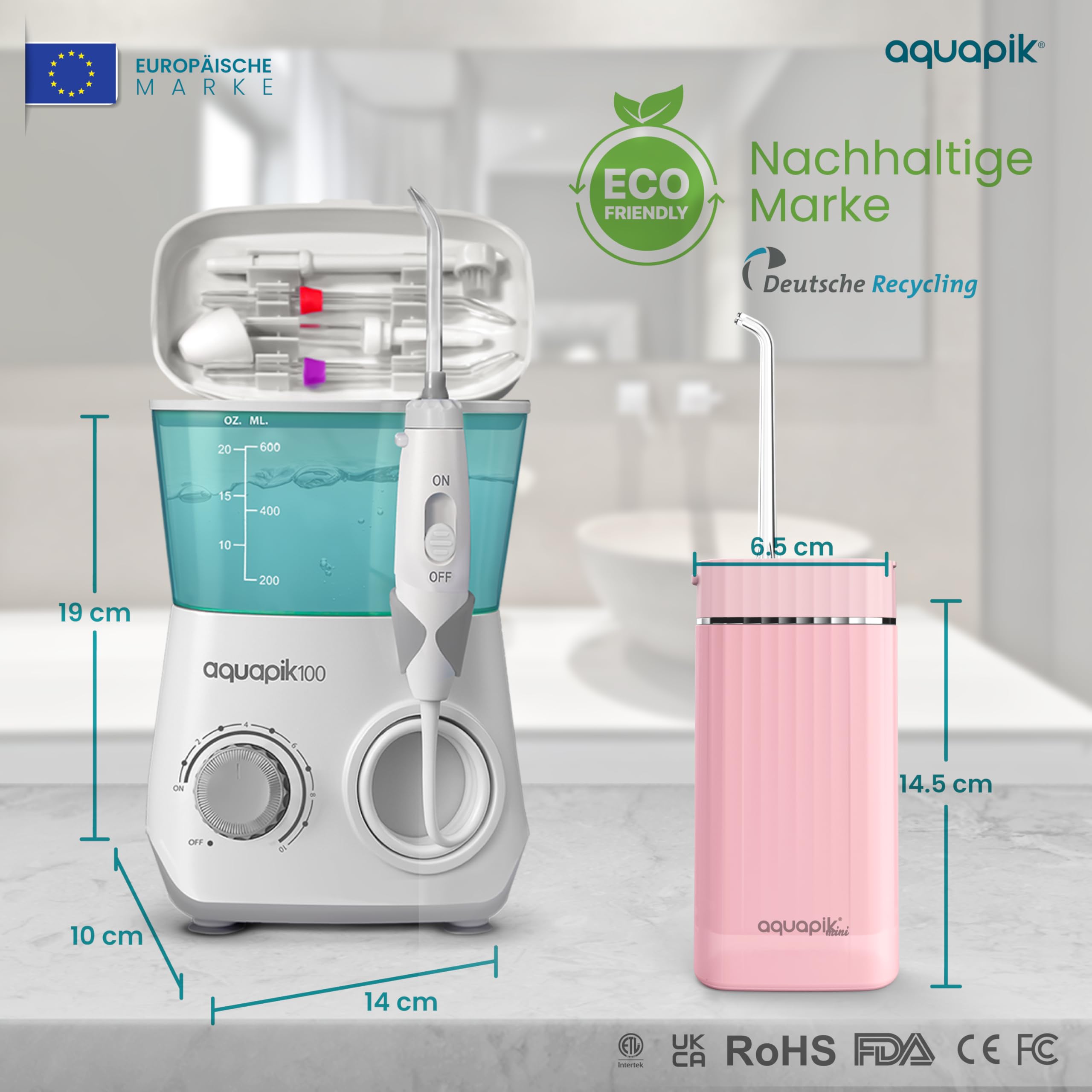Aquapik® DUO Munddusche Aquapik® 100 Desktop + Aquapik® Mini, tragbar, von Zahnärzten empfohlen + Plaque-Entferner + pflegt Implantate und Kieferorthopädie, tiefe Mundhygiene (b. Weiß - Rosa)