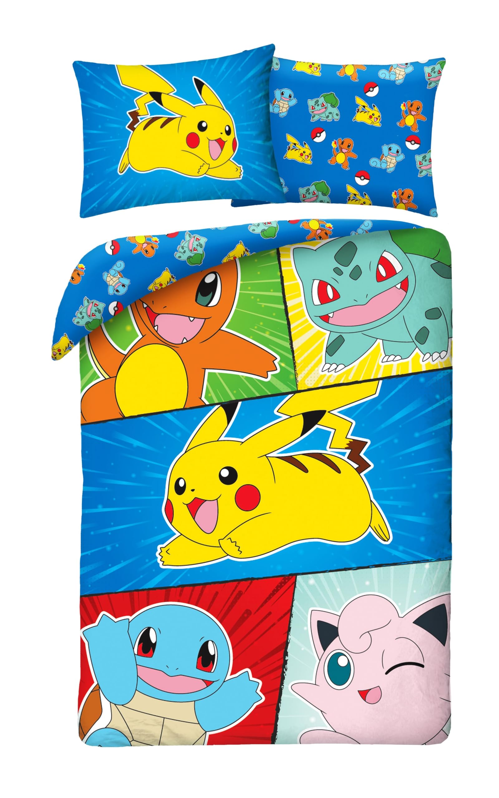 Halantex Pokemon Pikachu and Friends Bedding Set 2 Pieces 140 x 200 cm + 1 Pillowcase 70 x 90 cm 100% Cotton Oeko-Tex, Single