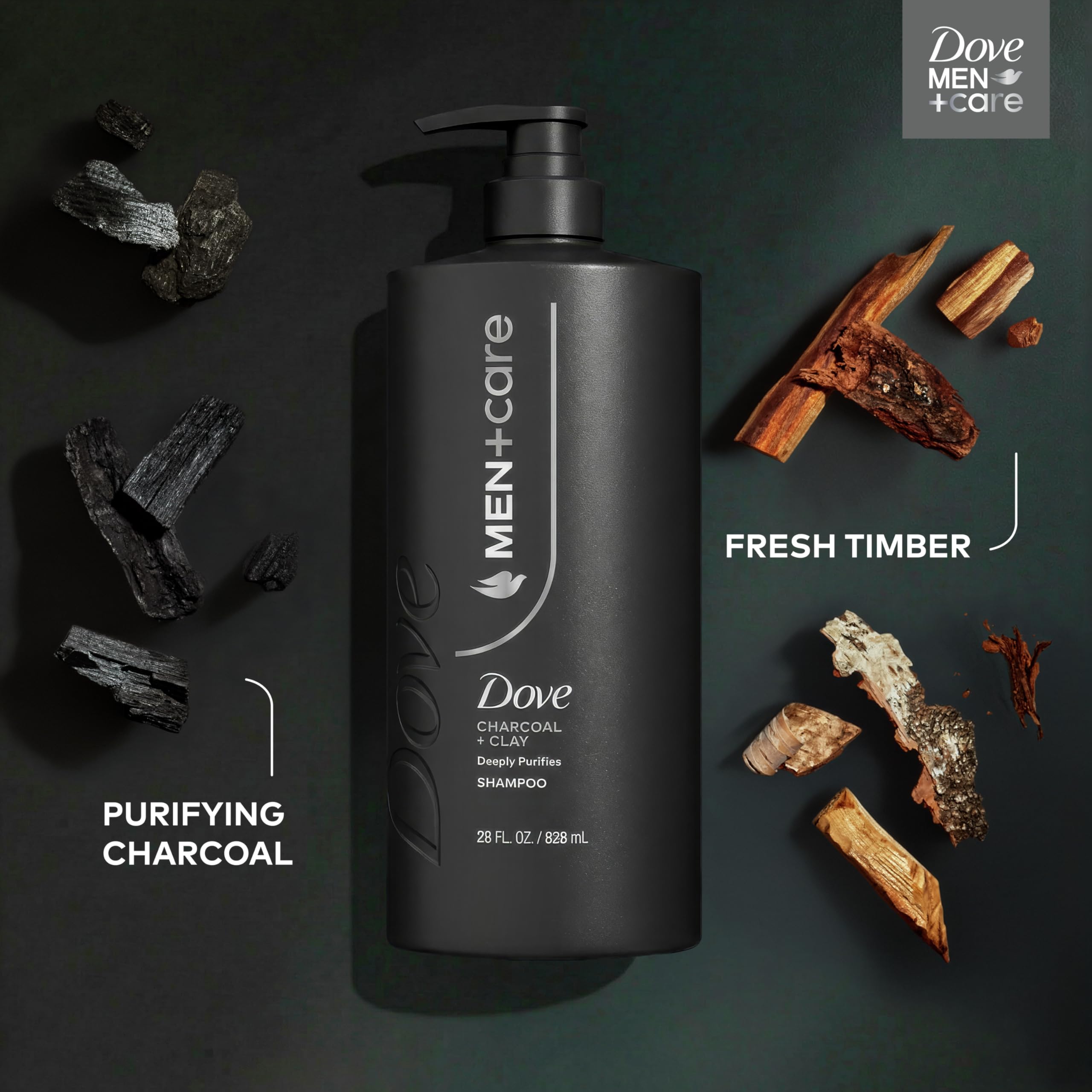 DOVE MEN + CARE Shampoo 1 count Charcoal + Clay for Real Hair that Powers Up Hair Strength, with Deep Purifying Benefits, 28 Fl oz
