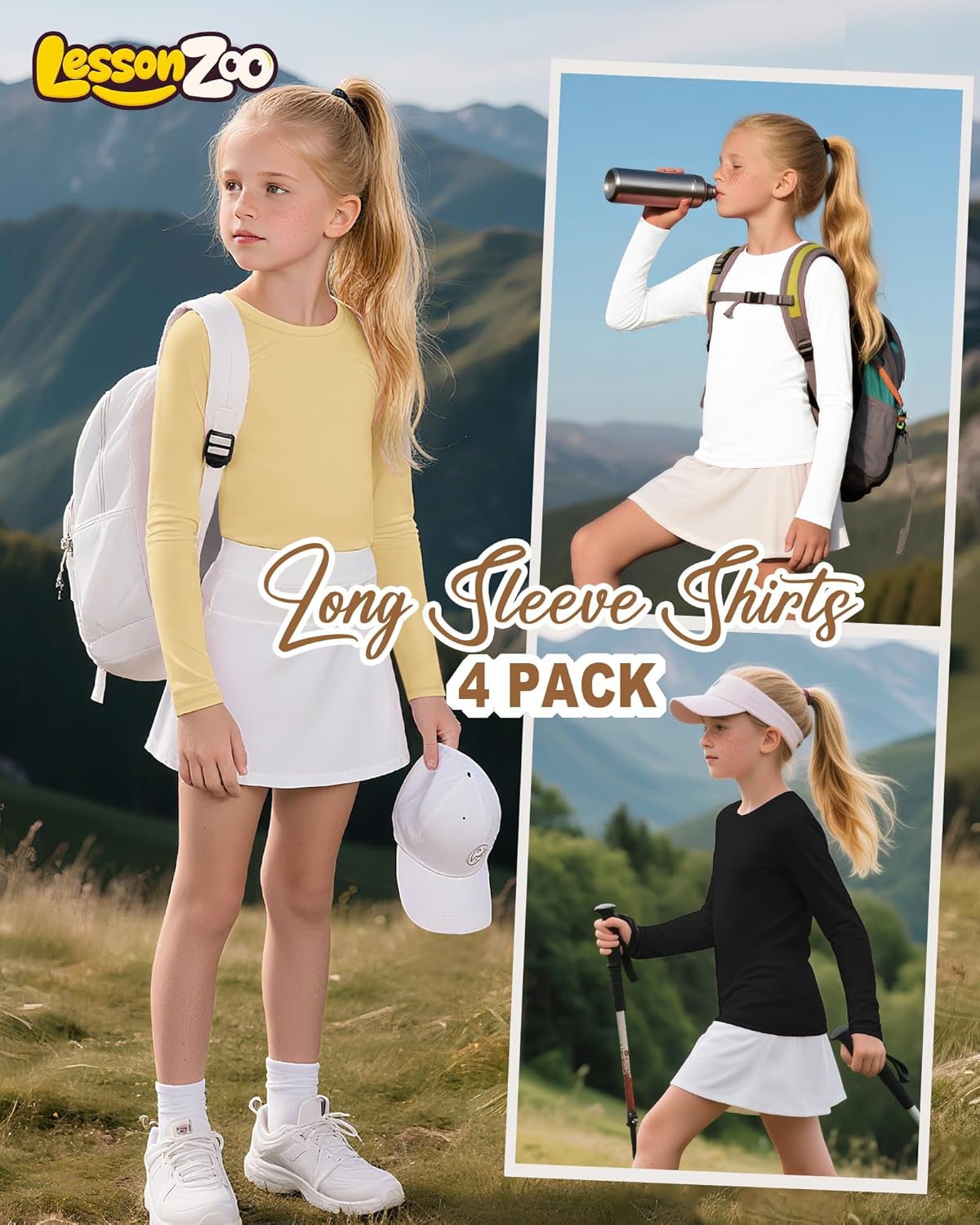 4 Pack Girls Long Sleeve Athletic Shirts Kids Activewear Tops Basic Yoga Crew Neck Sports Teen Youth Tees - Image 2