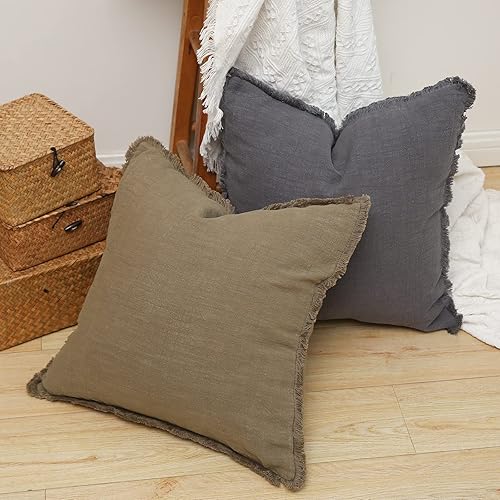 Miniatura 5 de Hckot Funda de almohada de lino de 20 x 20 pulgadas, funda de almohada lumbar gris con borlas y flecos, cojines decorativos rústicos para sofá,