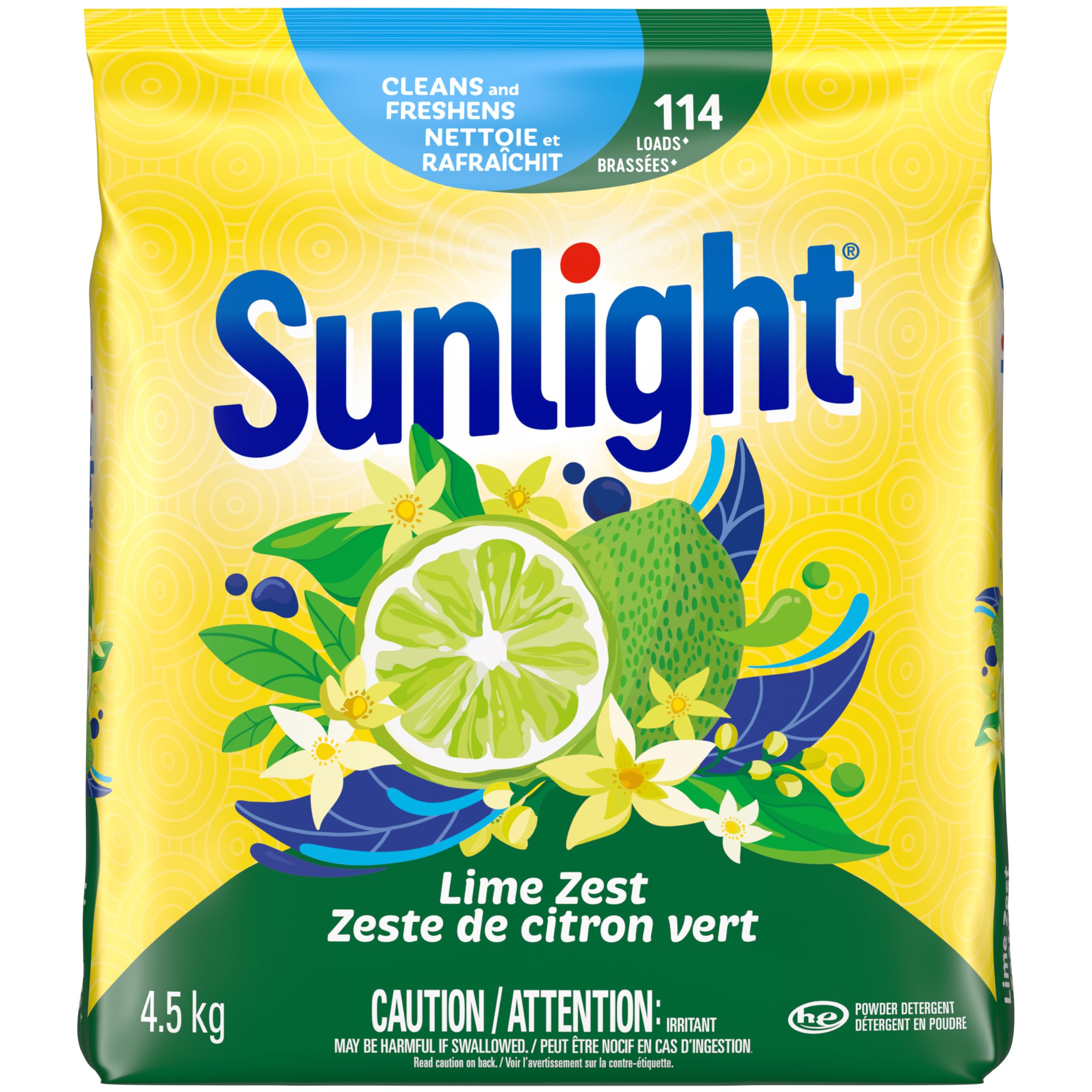 Sunlight Lime Zest Powder Laundry Detergent, 4.5kg 114 wash loads, HE Compatible, Cold Water Clean, 1 bag - 1