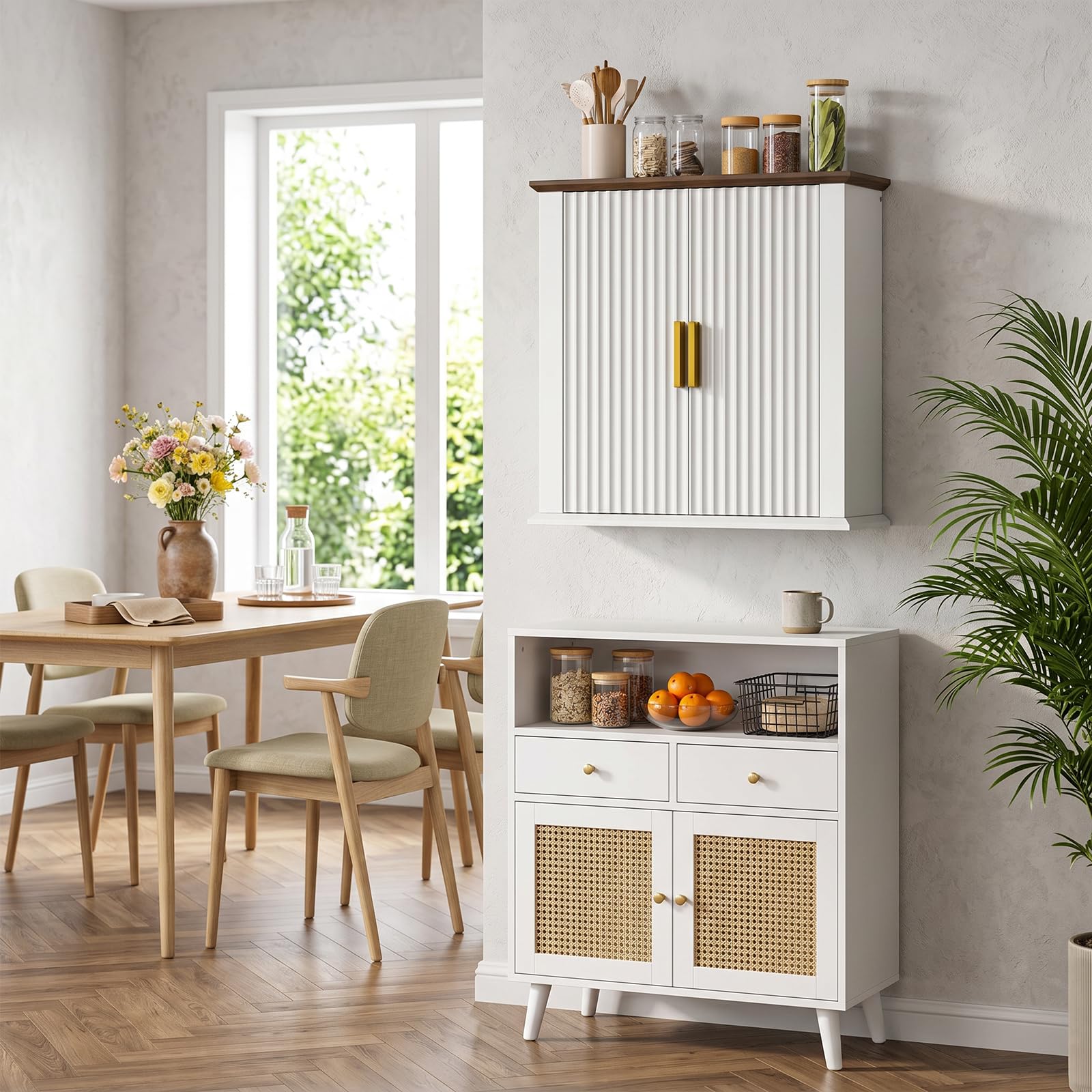 CHOEZON Armario de Pared para Baño, Gabinete con Diseño Ondulado, Estante Ajustable y Estilo Campestre, Mueble Colgante para Baño, Cocina, Lavandería, Blanco y Nogal