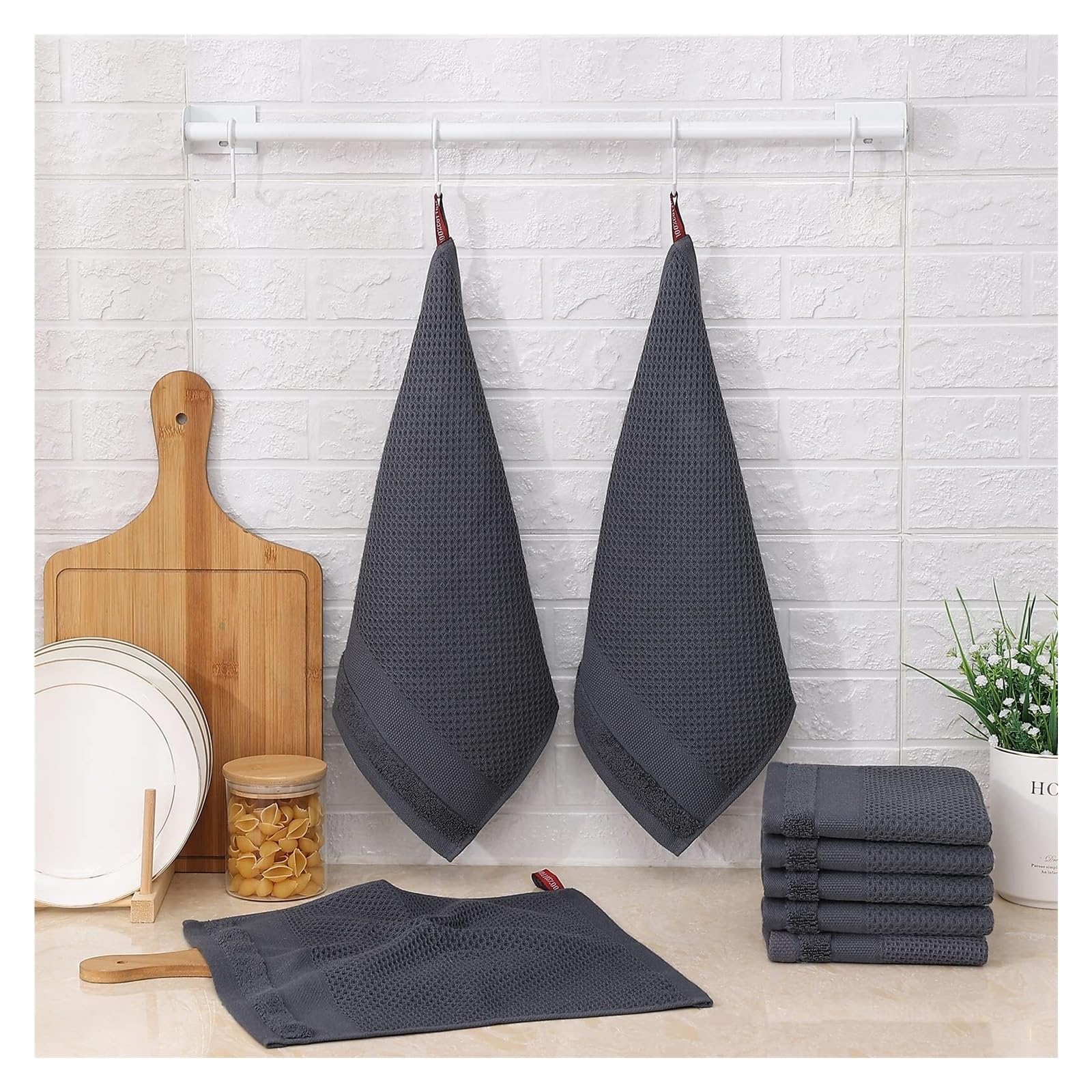 Toallas de Cocina de Algodon, Panos absorbentes Tipo Panal | Panos transpirables y lavables para limpieza de cocina(Black,33X72cm-6pcs)