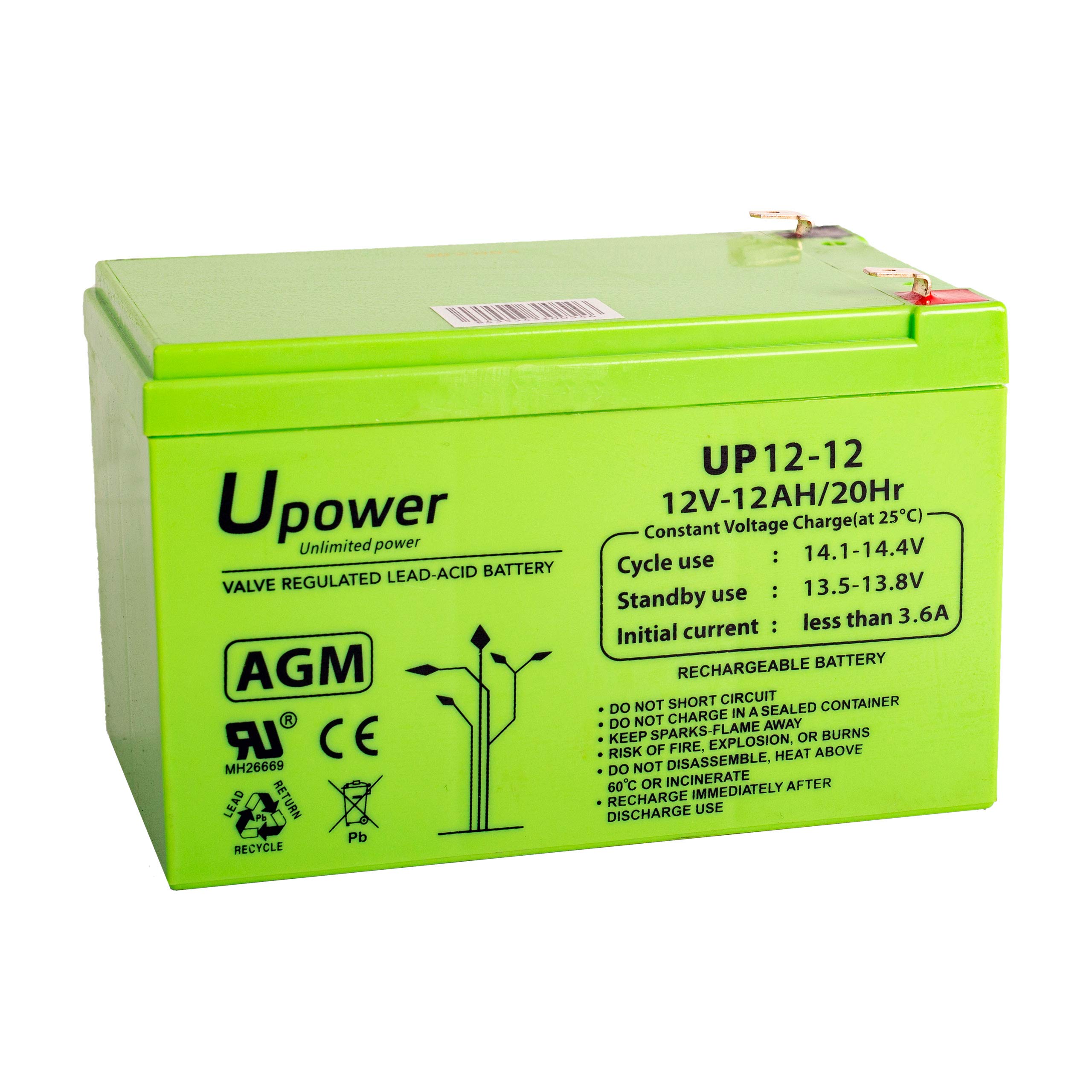U-Power Batería AGM 12V 12Ah – Sellada Recargable Plomo-Ácido VRLA – para Alarmas, SAI/UPS, Seguridad, Juguetes Eléctricos y Más – Terminal Faston F2 (6.3 mm)