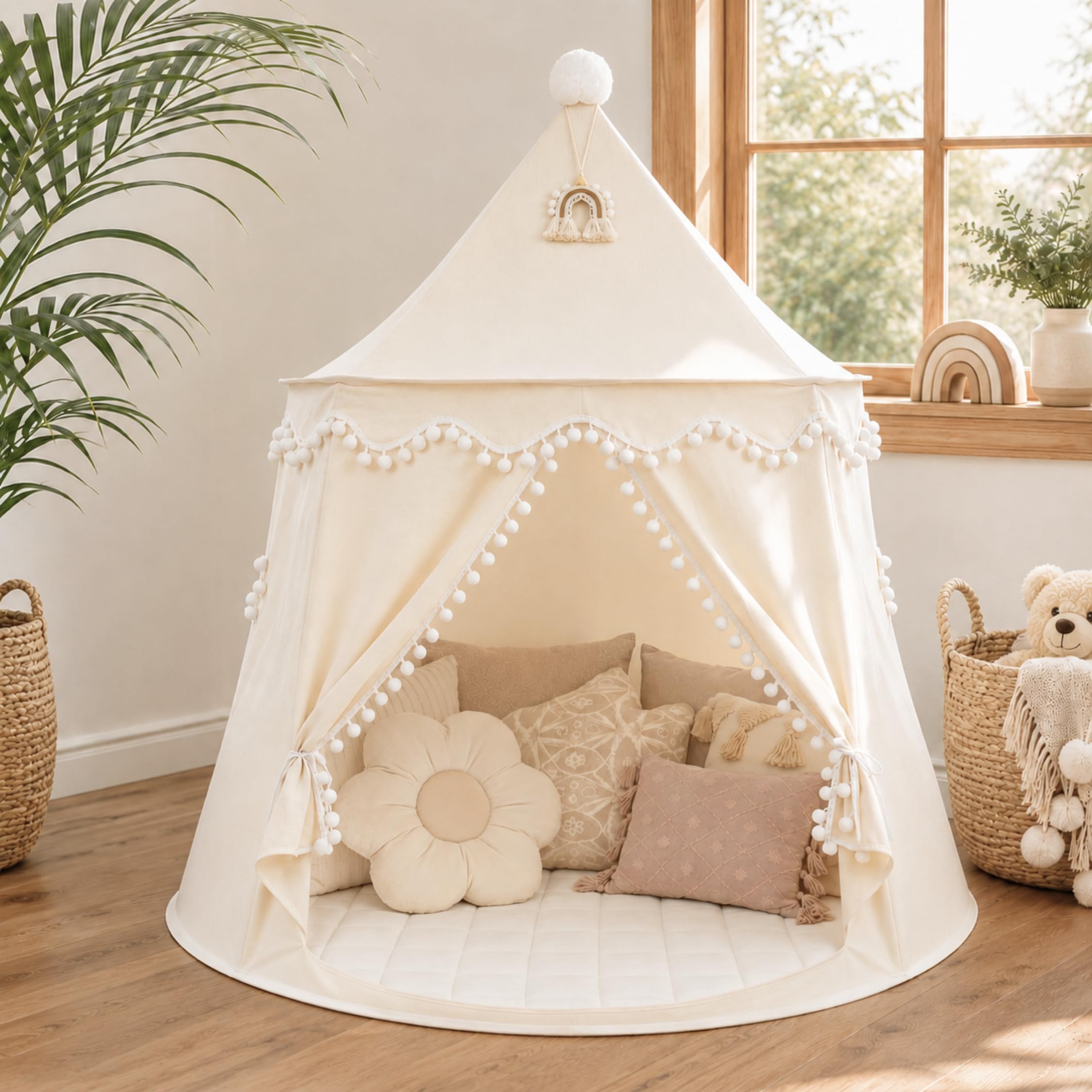 LIONHERZ® DAS ORIGINAL Spielzelt Baumwolle/Hanf | Kinderzelt Tipi Indoor | inkl. Bodenmatte, Deko-Regenbogen & Tragetasche | stabil durch Fiberglasstangen | atmungsaktiv | Tippi | Mädchen & Jungen