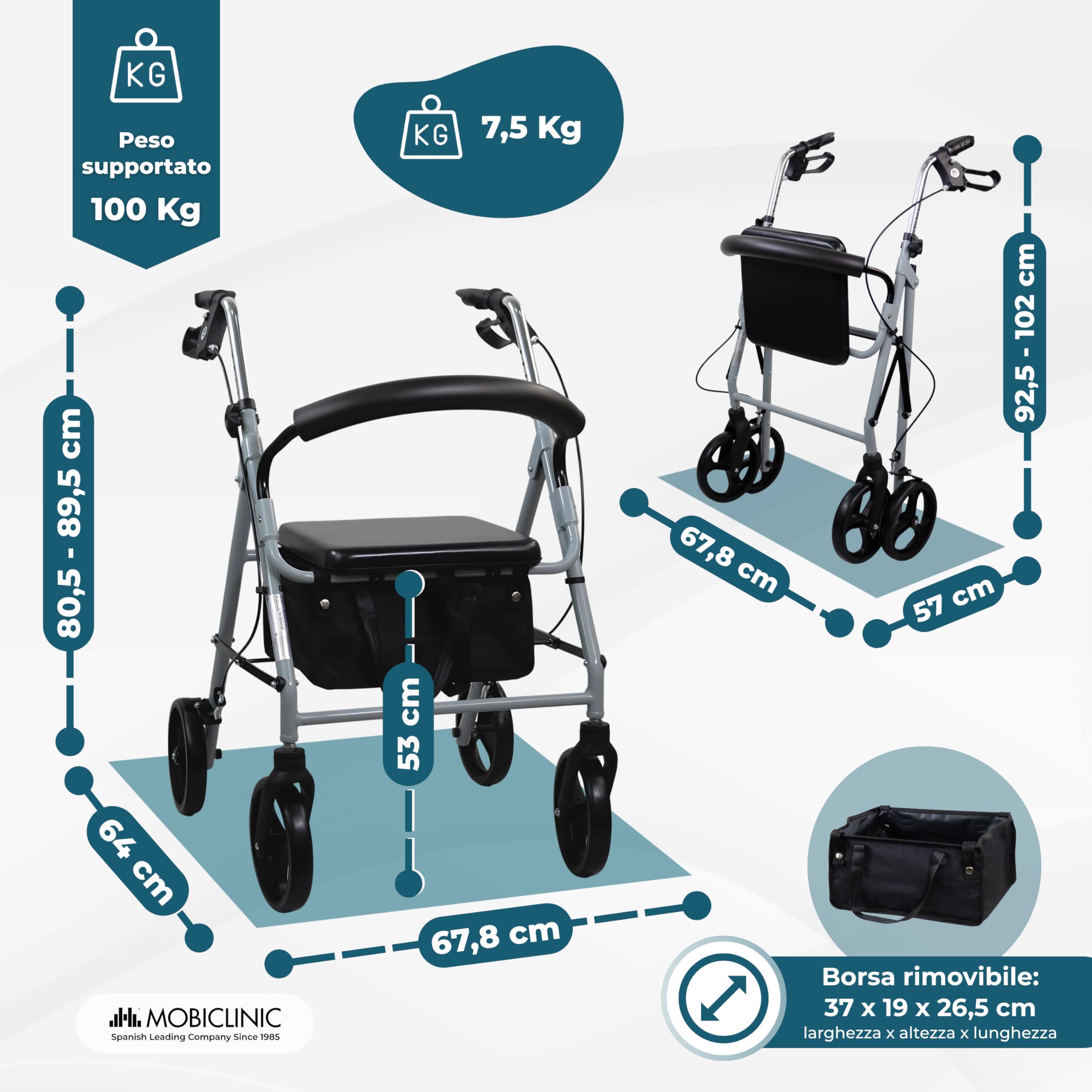 Mobiclinic®, Deambulatore per anziani, Ruote grandi la strada, Pieghevole, Con cestino in tessuto e sedile, Fabbricato alluminio, Resistente, Marchio europeo, Modello sofía, Colore grigio