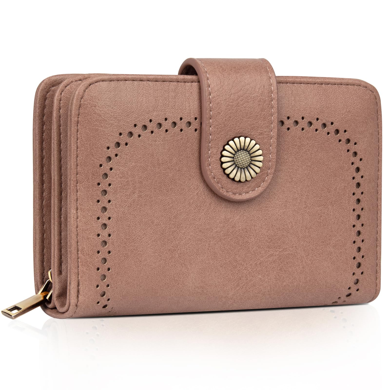 TEUENPurses for Women Leather, Medium Wallet RFID Blocking Bifold Compact Womens Wallet with Wrist Strap and Zipper Coin Pocket Girls Purse with Multiple Card Slots, Gift Box