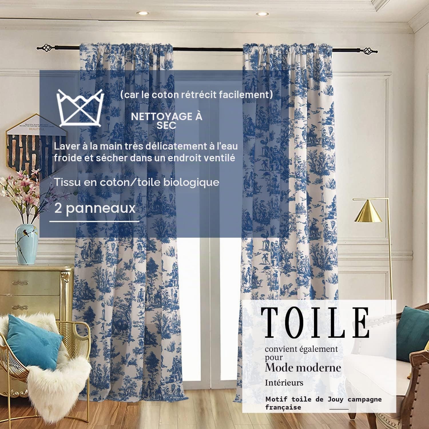 Lot de 2 Rideaux Bleus de 160 cm de Long pour Salon, Rideaux occultants filtrant la lumière, intimité, Toile à imprimé Floral Transparent, Motif crème Beige Chintz, Rideaux de fenêtre occultants en