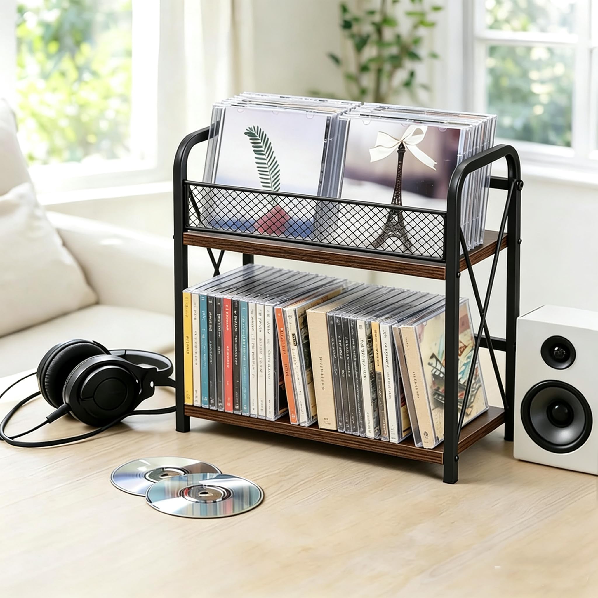 CD Ständer 2 Ebenen CD-/DVD Organizer Holz,CD Regal Aufbewahrung | Aufbewahrung CD DVD Regal, Kosmetik Organizer, Für Sammler und Spieler,32x30x15cm,Industrie Stil