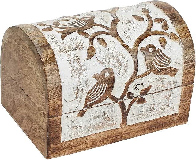 Ajuny Handcrafted Decorative Indian Wooden Jewellery Chest Box Keepsake Storage Organiser Multipurpose Uses with Hand Carved Bird Design Great For Gifts