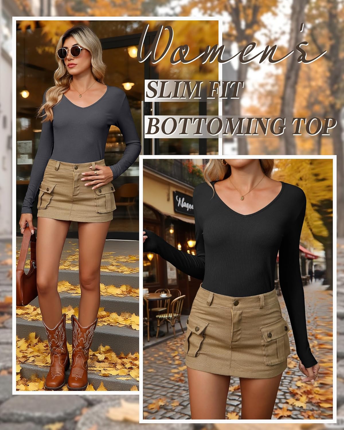 4 Pack Women Long Sleeve Shirts, 95% Cotton V Neck Ribbed Knit Tops Fitted Lightweight Basic Going Out Shirts - Image 6