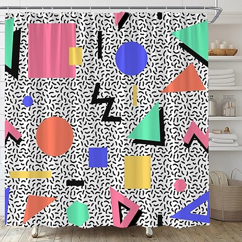Miniatura 3 de Cortina de ducha geométrica de los años 80 y 90, moderno, rectangular, triangular, diseño de rayas circulares, Memphis, juego de decoración de baño