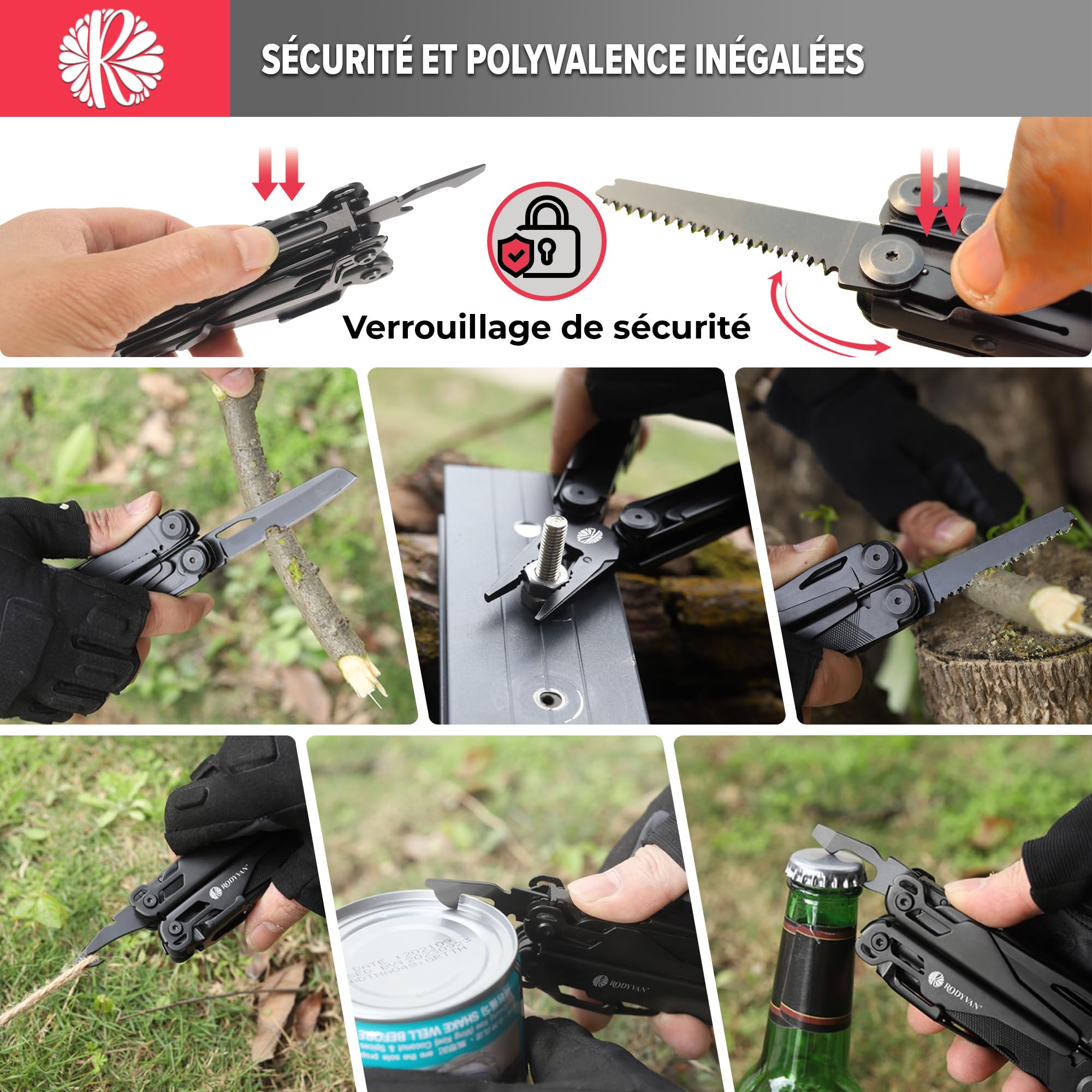 Pince Multifonctions 19-en-1, Outil en Acier Inoxydable avec Aiguiseur, Ciseaux, Scie, Poinçon, Lime, Décapsuleur, jeu de Tournevis. Accessoires de Survie Camping Randonnée, Cadeau pour Homme